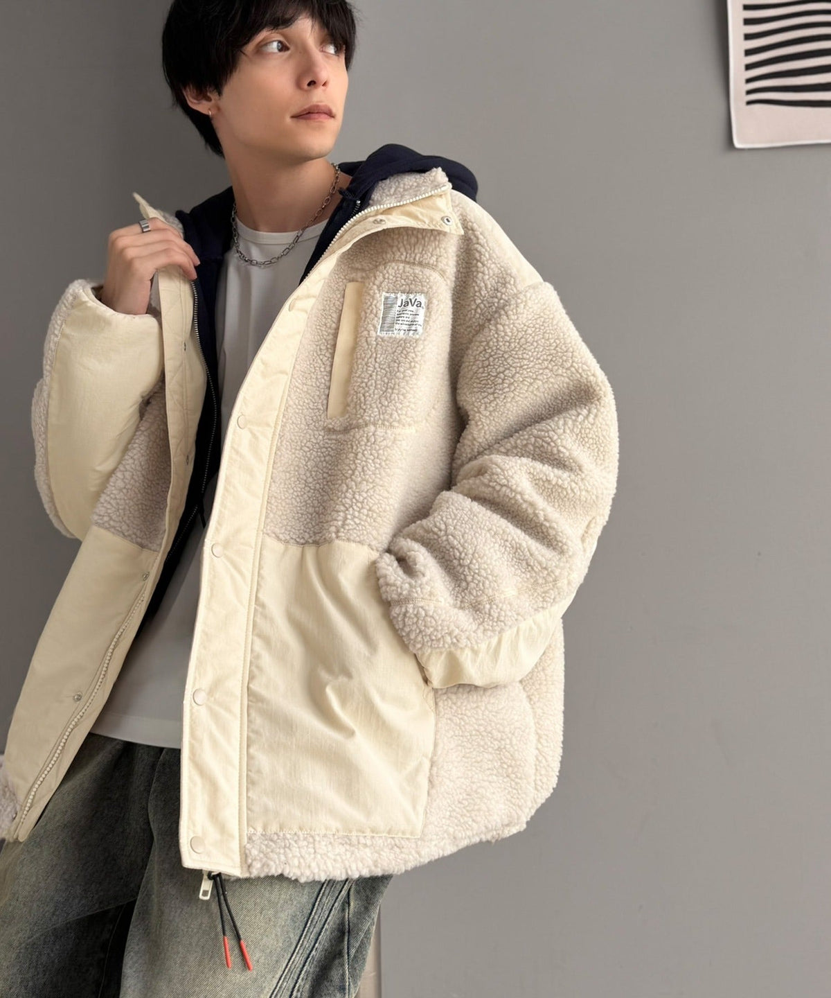 《JaVaジャバコラボ》レトロムード漂う、首元まで暖か。異素材切替えダブルジップボアブルゾン jm1265092