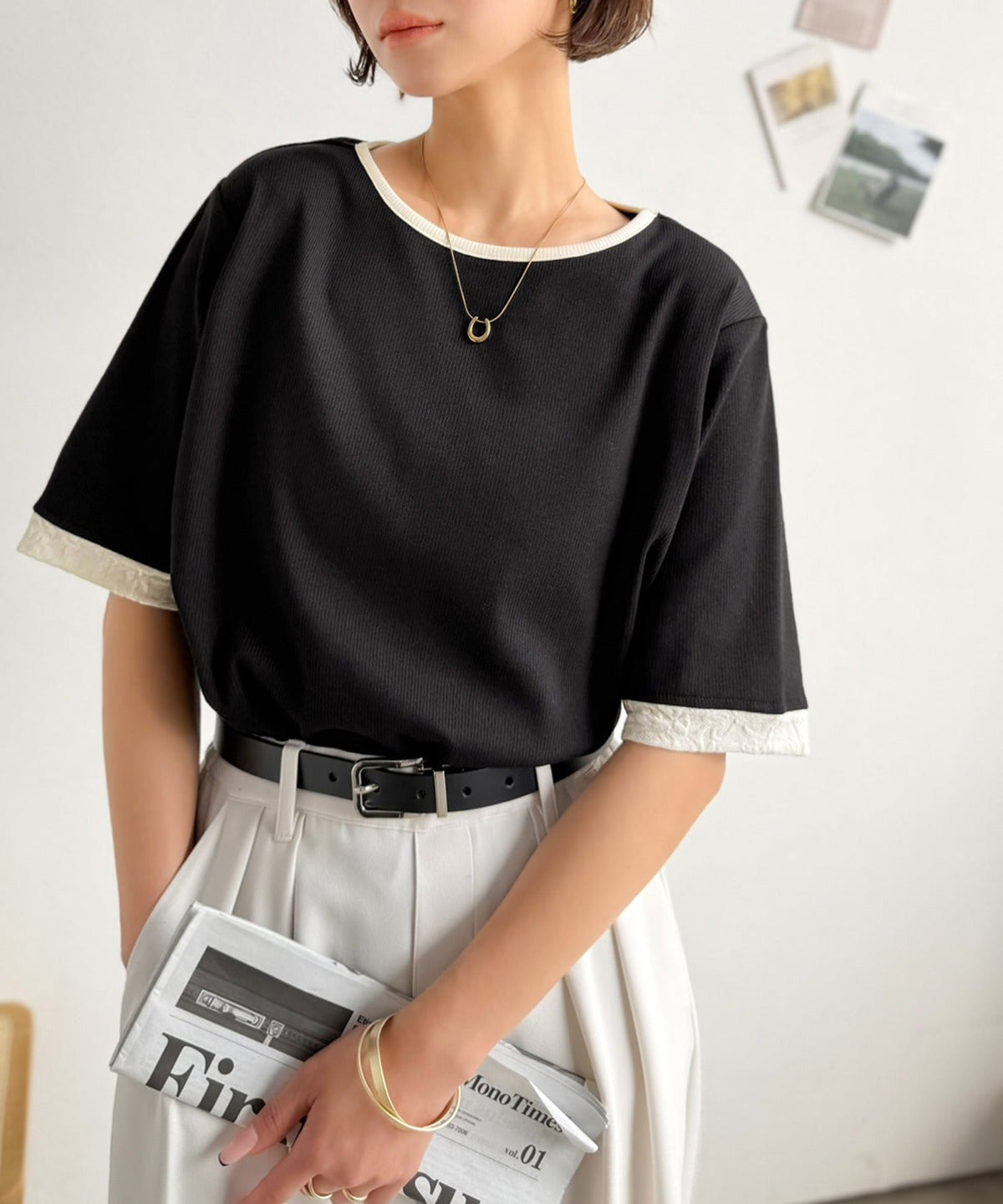異素材と配色で上品に華やぐ。ふくれジャガード×リブの大人可愛いハーフスリーブトップス（半袖） ce1330109