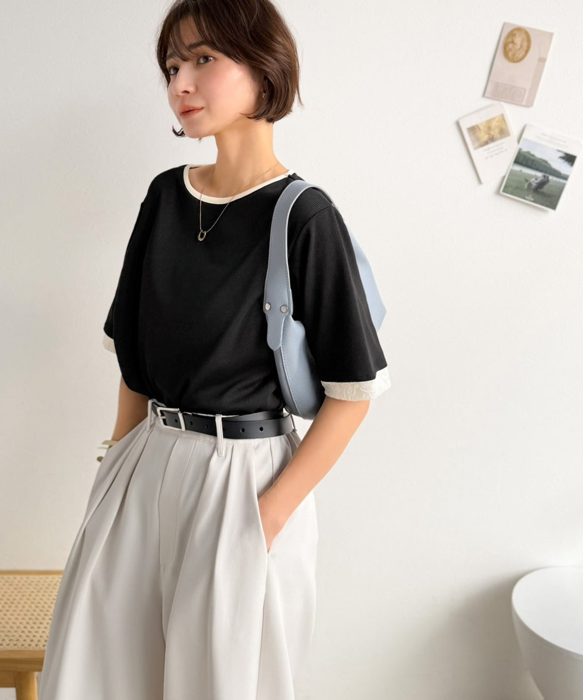 異素材と配色で上品に華やぐ。ふくれジャガード×リブの大人可愛いハーフスリーブトップス（半袖） ce1330109