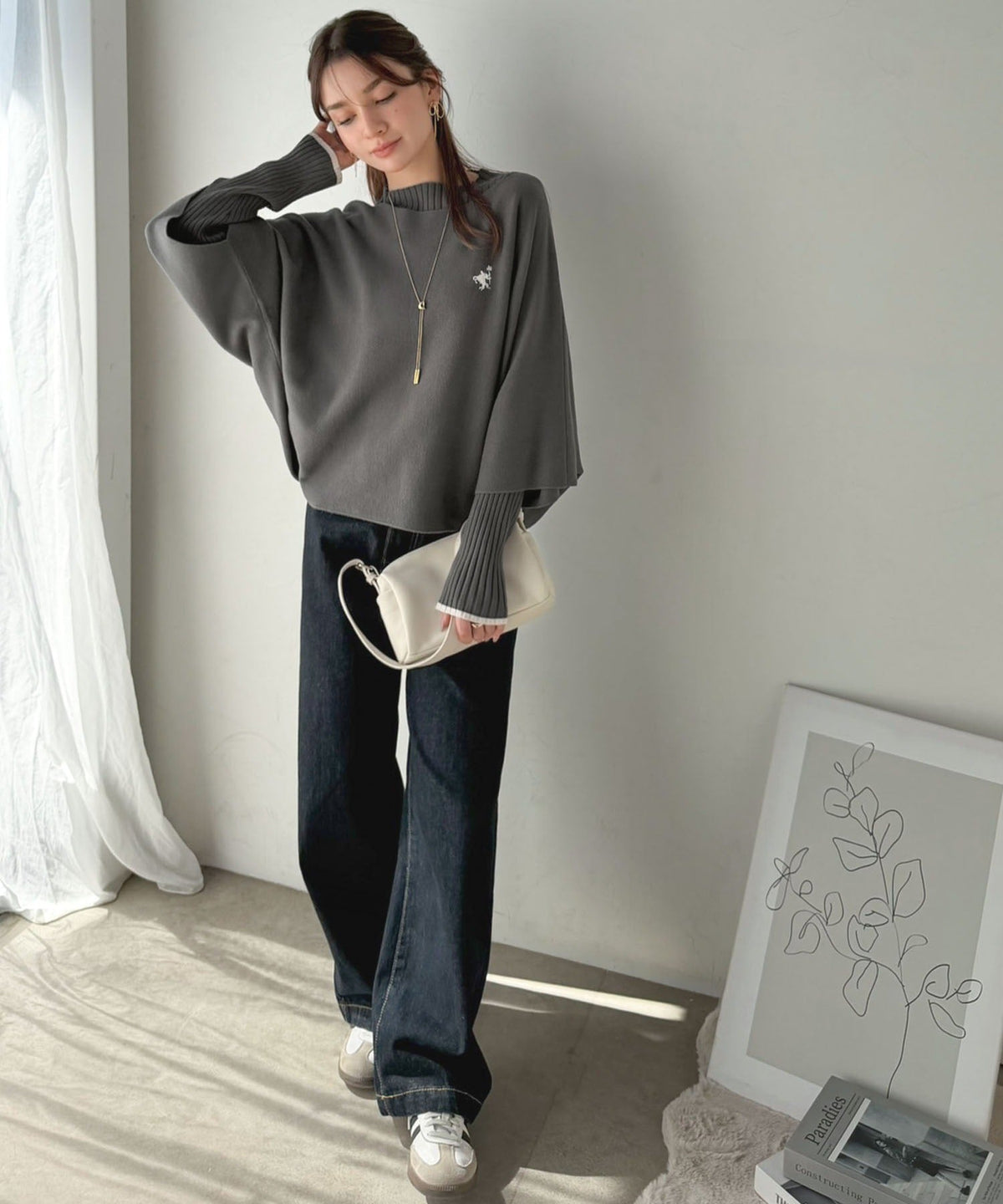 【2点セット】ラクしておしゃれ♪着るだけでレイヤードコーデが完成！リブニット×ドルマンニット胸刺繍入り配色レイヤードニット（長袖） ce1350018