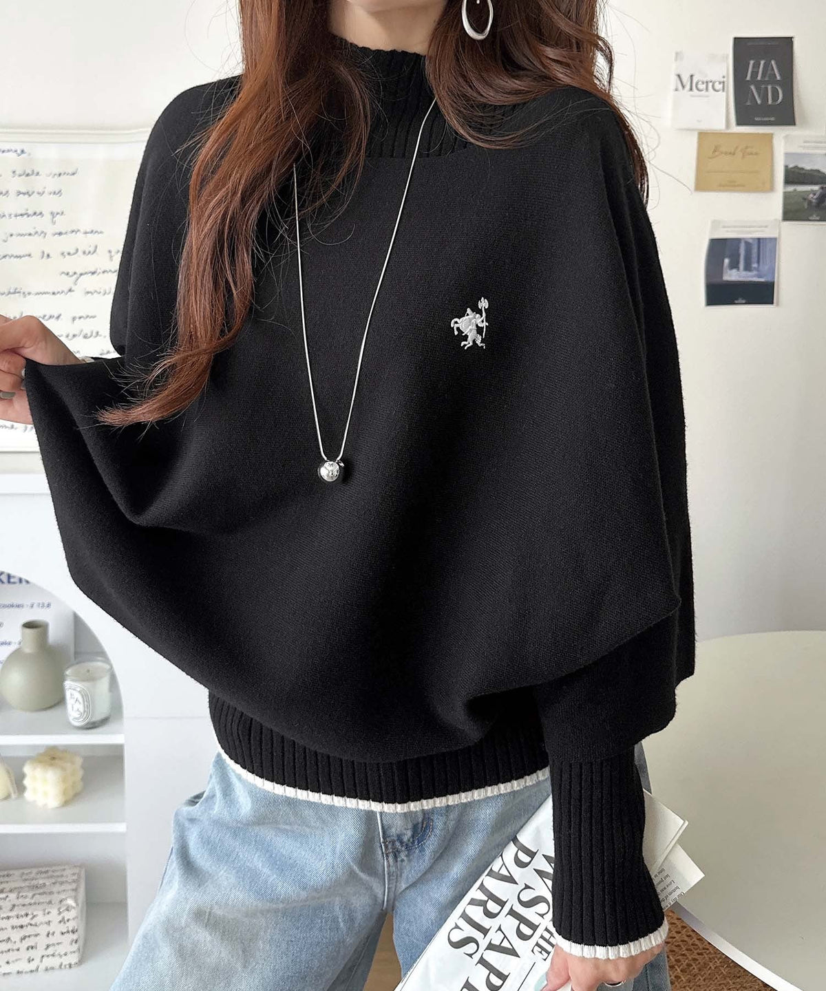 【2点セット】ラクしておしゃれ♪着るだけでレイヤードコーデが完成！リブニット×ドルマンニット胸刺繍入り配色レイヤードニット（長袖） ce1350018