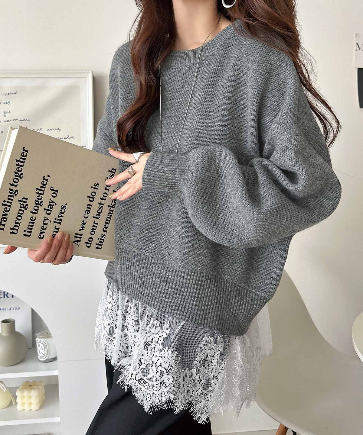 パッと着て、オシャレ完了◎裾レースドッキングニットプルオーバー（長袖） ce1020365