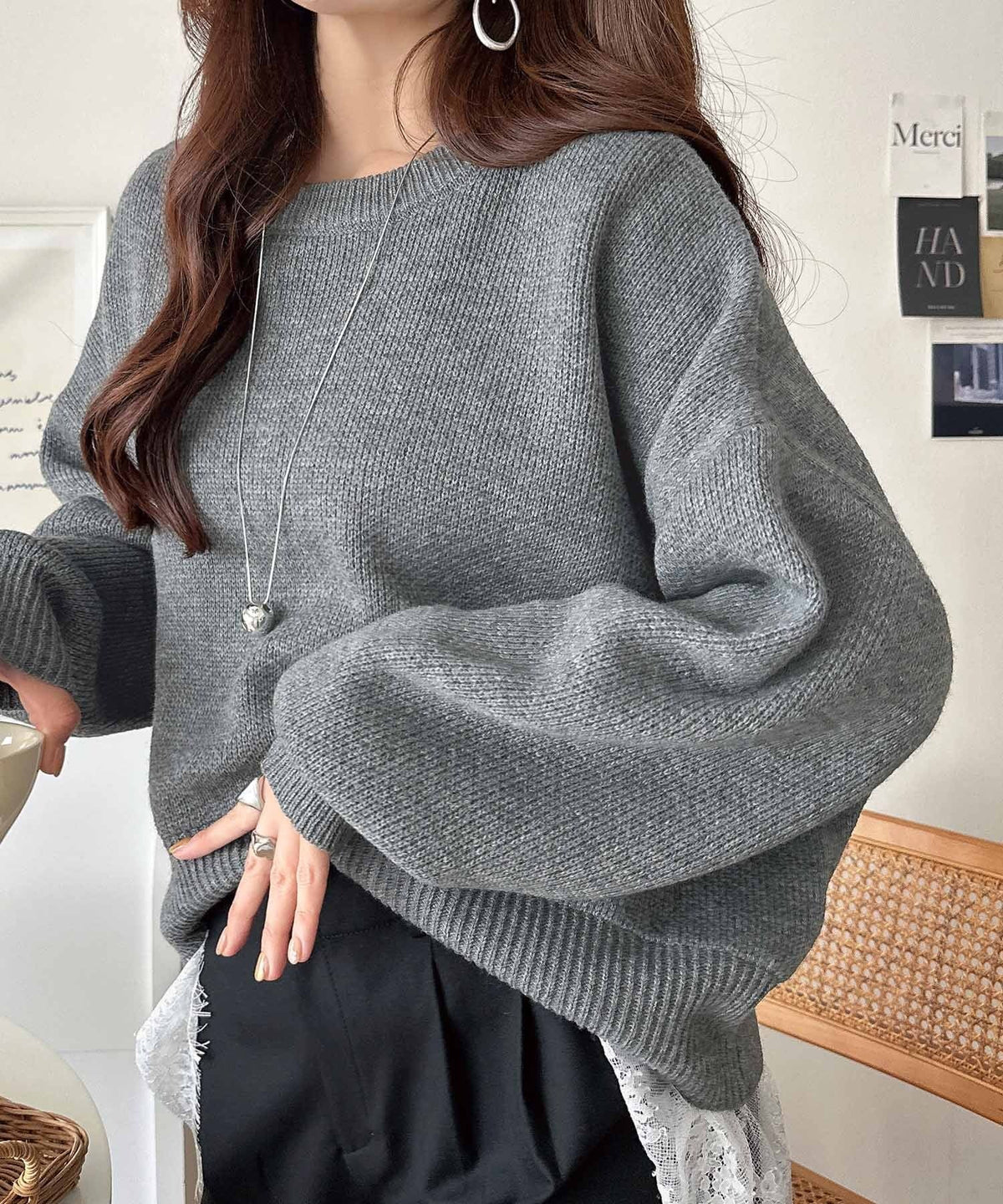 パッと着て、オシャレ完了◎裾レースドッキングニットプルオーバー（長袖） ce1020365