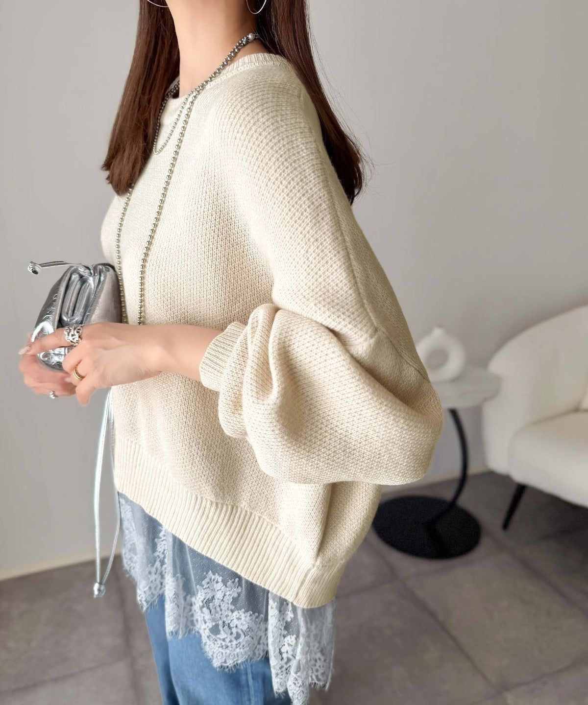 パッと着て、オシャレ完了◎裾レースドッキングニットプルオーバー（長袖） ce1020365