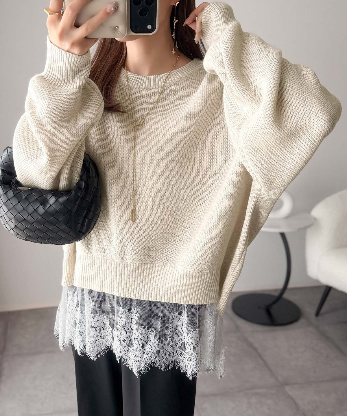 パッと着て、オシャレ完了◎裾レースドッキングニットプルオーバー（長袖） ce1020365