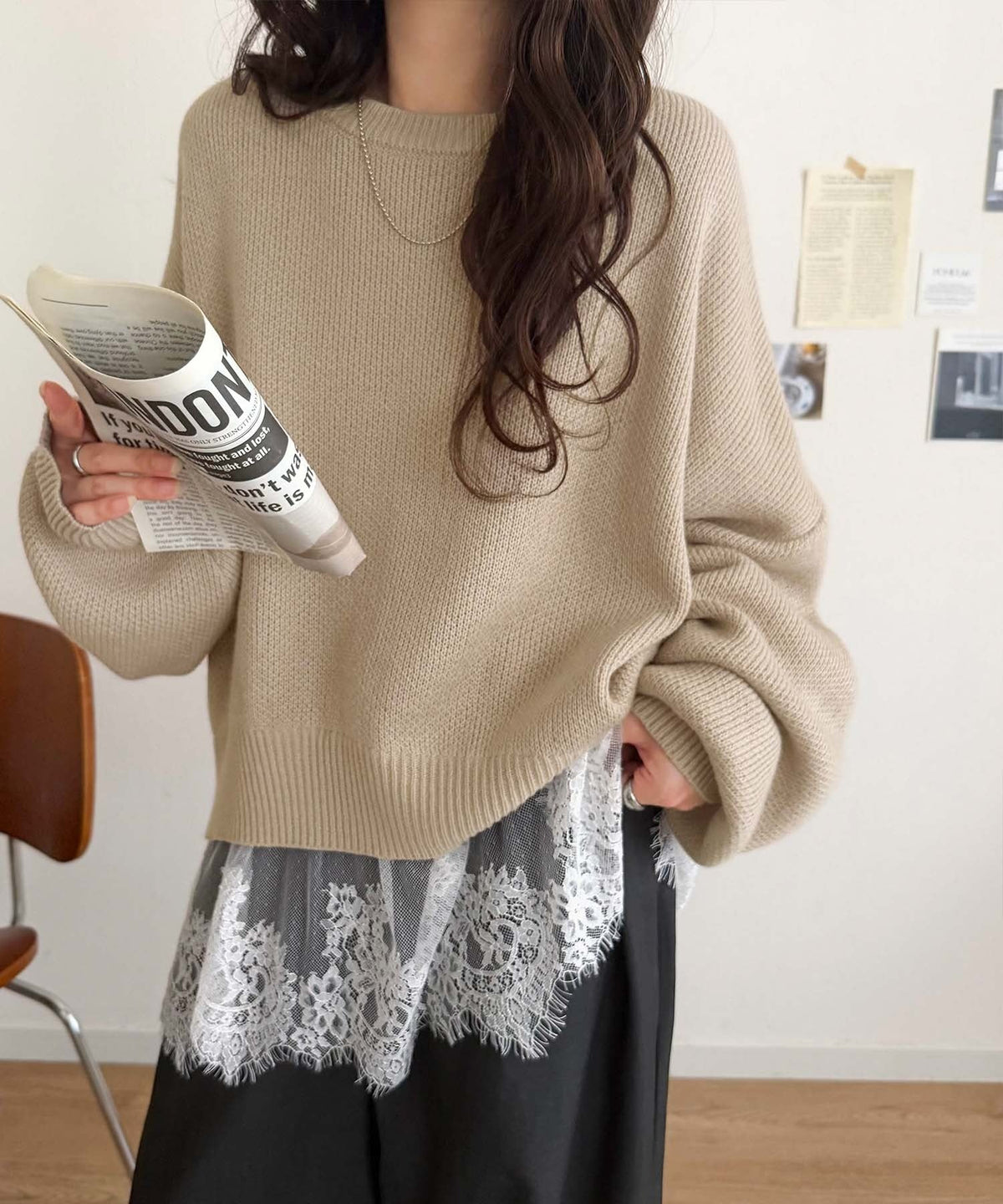 パッと着て、オシャレ完了◎裾レースドッキングニットプルオーバー（長袖） ce1020365