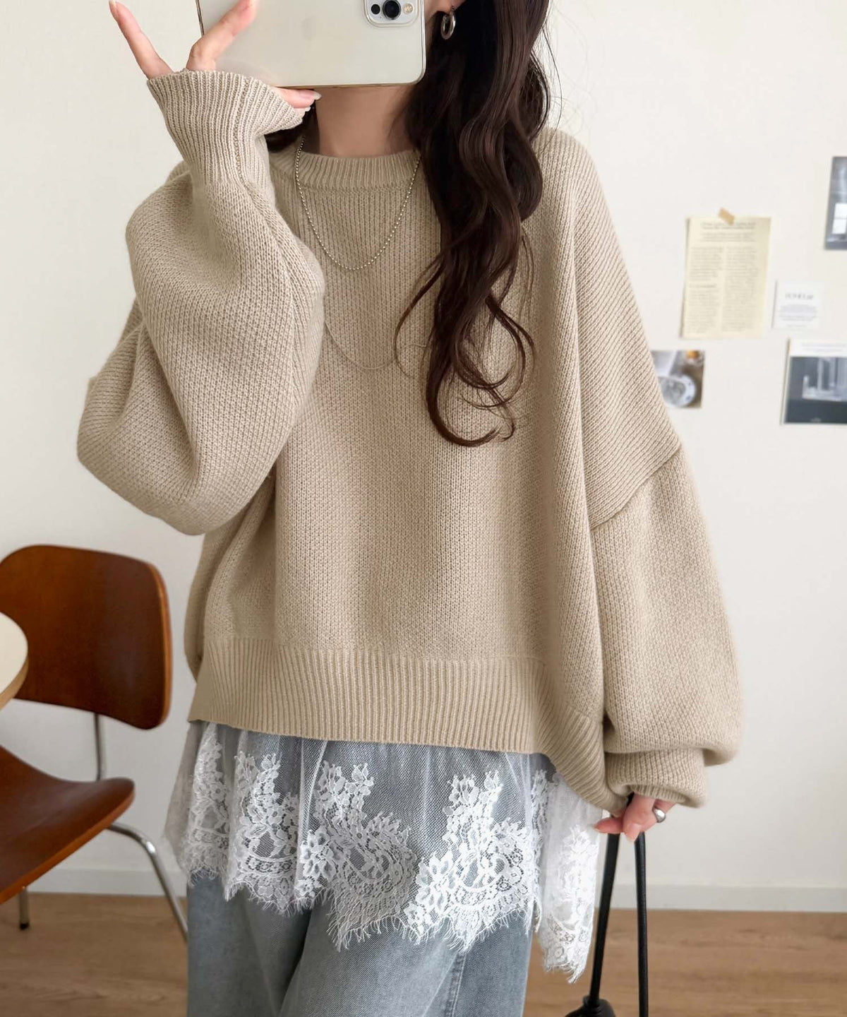 パッと着て、オシャレ完了◎裾レースドッキングニットプルオーバー（長袖） ce1020365