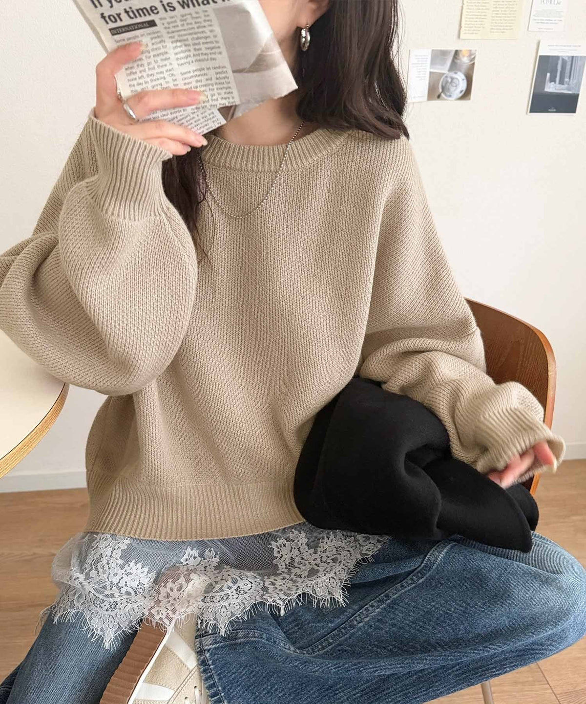 パッと着て、オシャレ完了◎裾レースドッキングニットプルオーバー（長袖） ce1020365