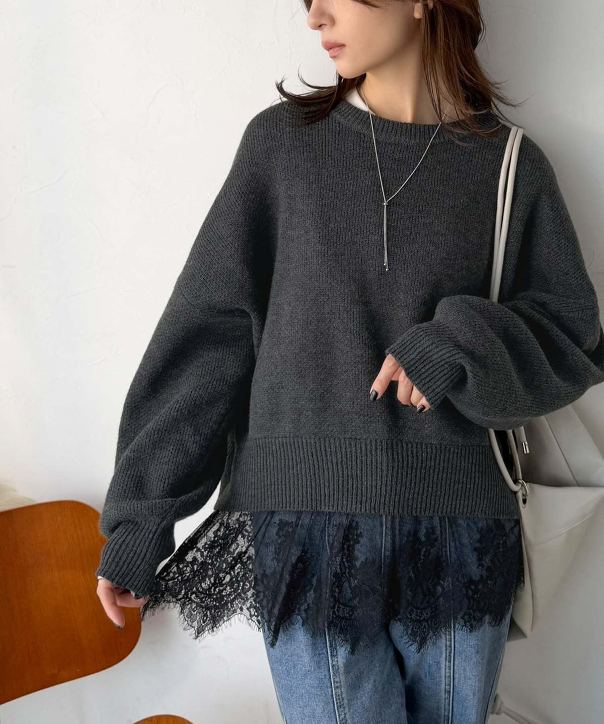 パッと着て、オシャレ完了◎裾レースドッキングニットプルオーバー（長袖） ce1020365
