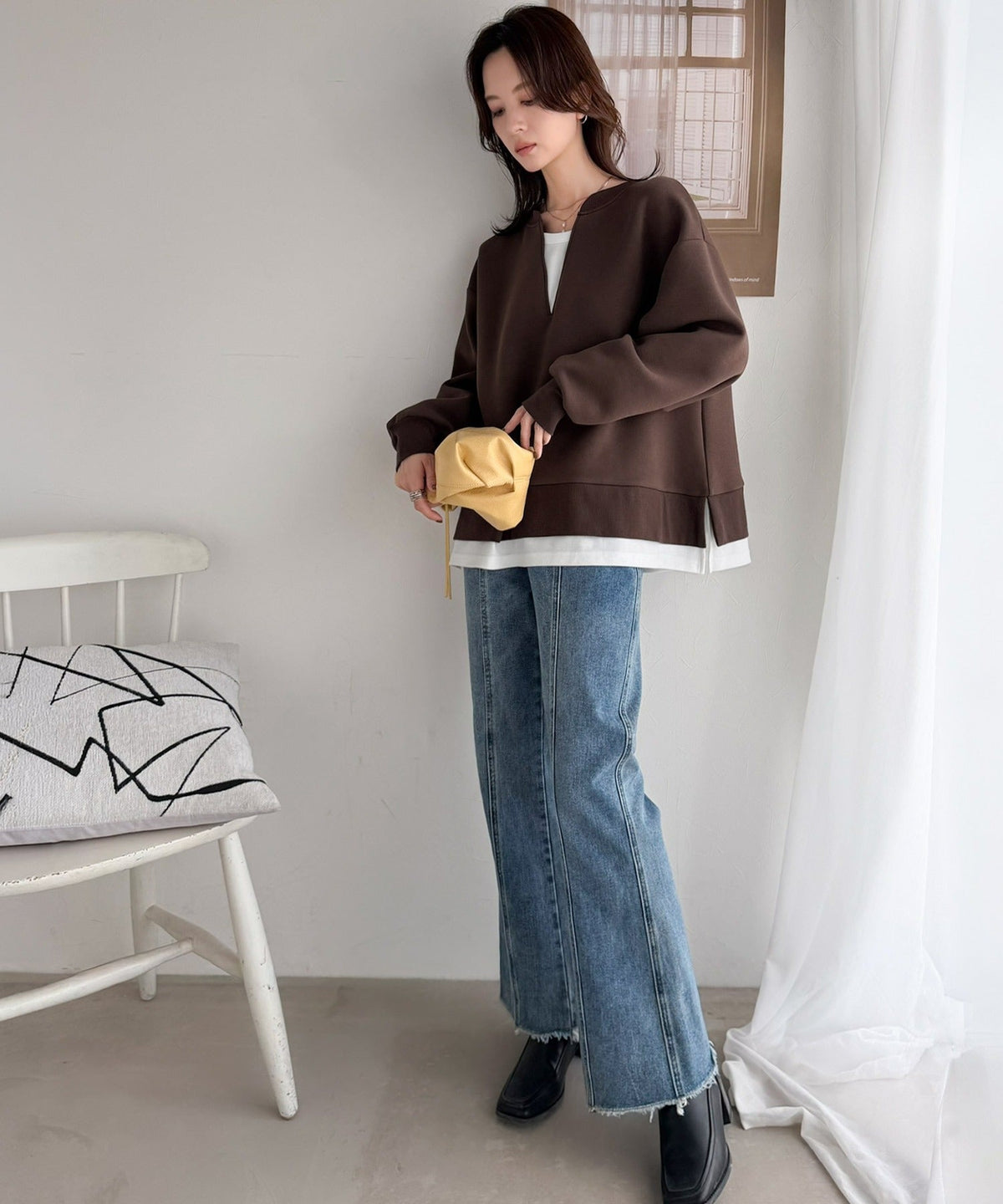 《Maiko Amemori×クラシカルエルフコラボ》重ね着しているような、こなれ感を一枚で♪ ダンボールニット×Tシャツドッキングトップス ce1010656