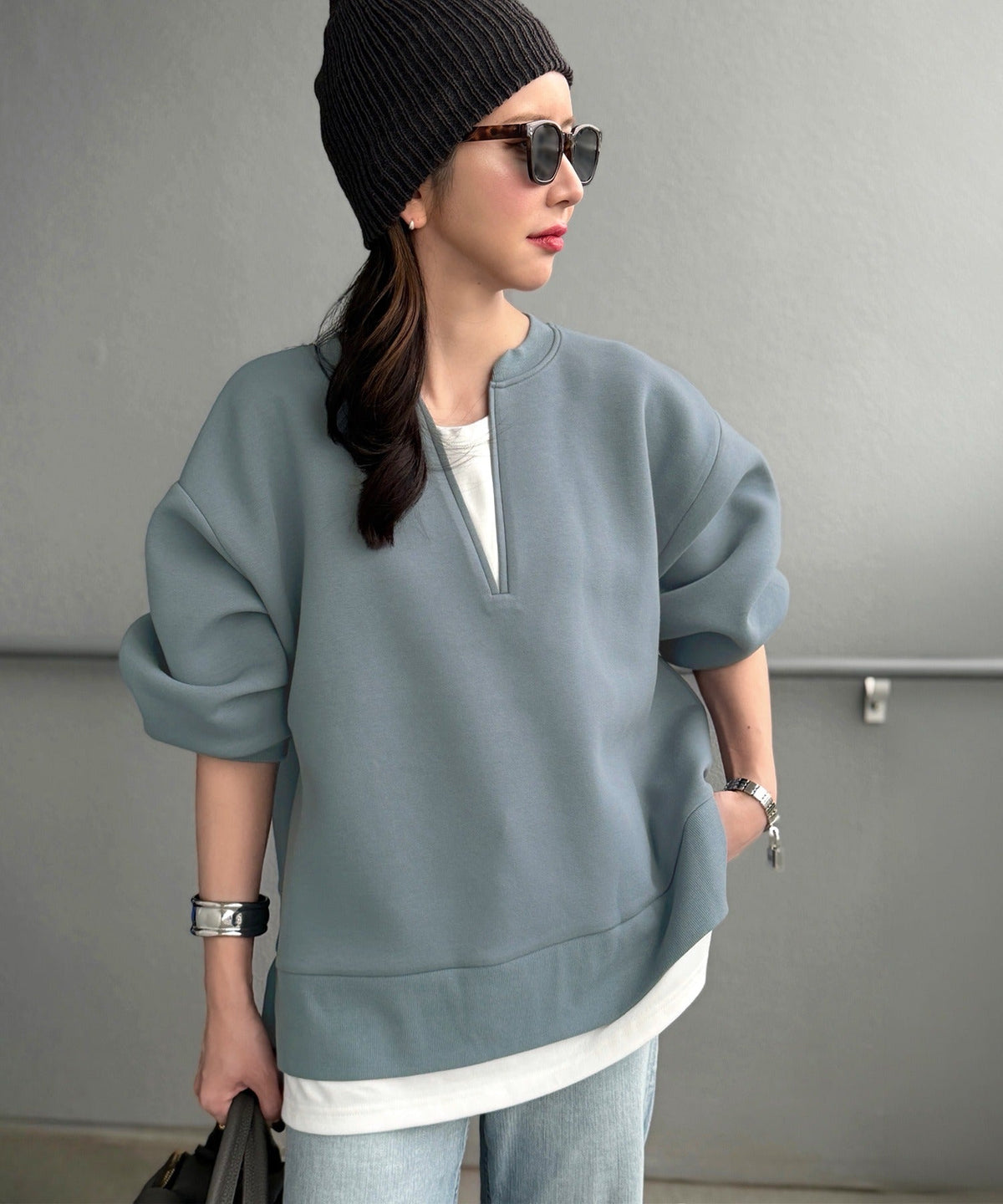 《Maiko Amemori×クラシカルエルフコラボ》重ね着しているような、こなれ感を一枚で♪ ダンボールニット×Tシャツドッキングトップス ce1010656