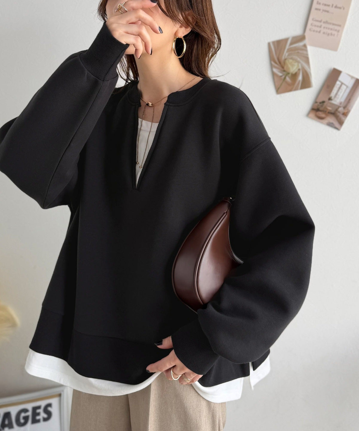 《Maiko Amemori×クラシカルエルフコラボ》重ね着しているような、こなれ感を一枚で♪ ダンボールニット×Tシャツドッキングトップス ce1010656