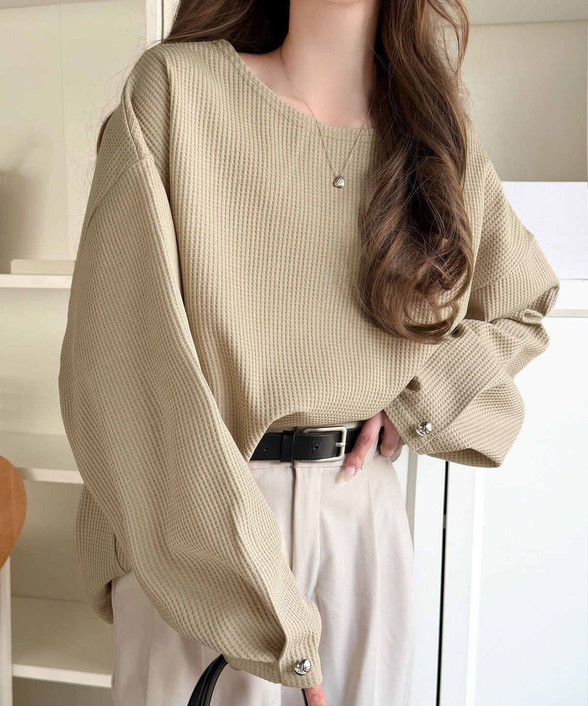 【防シワ・吸水速乾・アンチピリング機能付き】おすましワッフルで上品カジュアル。袖タックコクーンシルエット ワッフルプルオーバー ce0940265