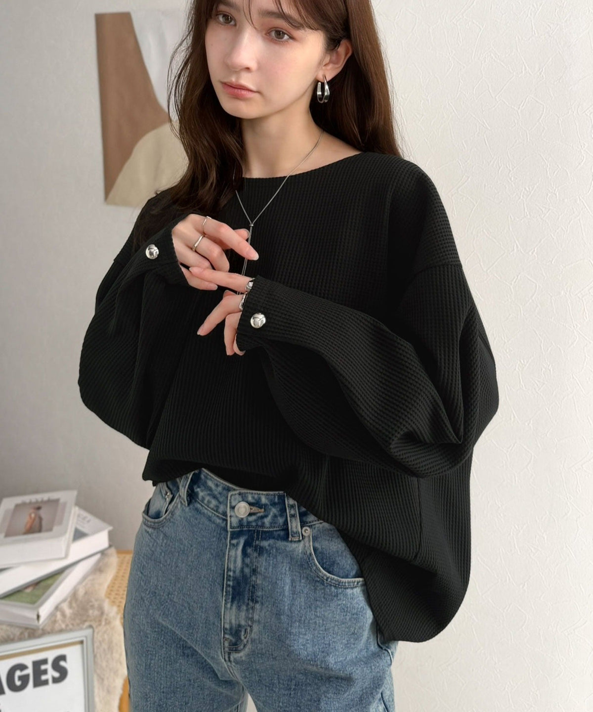 【防シワ・吸水速乾・アンチピリング機能付き】おすましワッフルで上品カジュアル。袖タックコクーンシルエット ワッフルプルオーバー ce0940265
