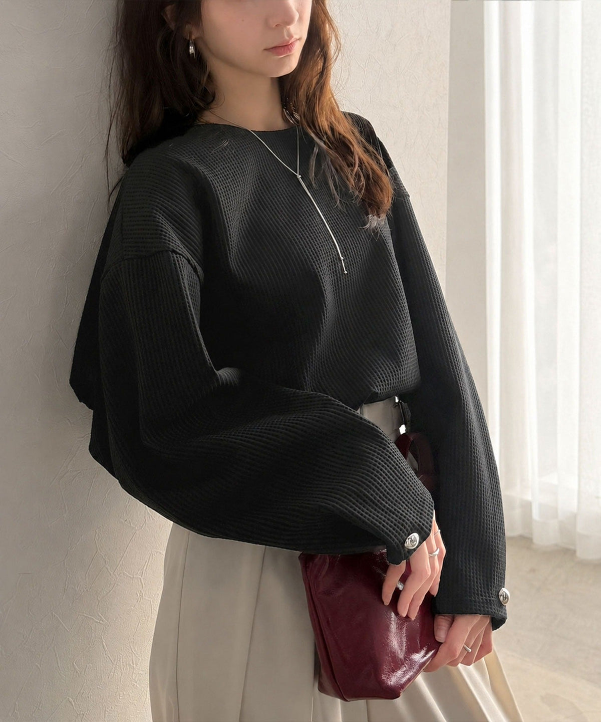 【防シワ・吸水速乾・アンチピリング機能付き】おすましワッフルで上品カジュアル。袖タックコクーンシルエット ワッフルプルオーバー ce0940265