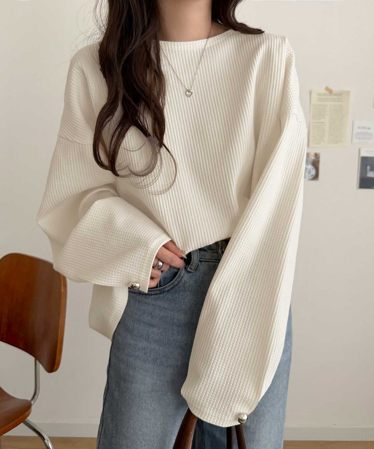 【防シワ・吸水速乾・アンチピリング機能付き】おすましワッフルで上品カジュアル。袖タックコクーンシルエット ワッフルプルオーバー ce0940265