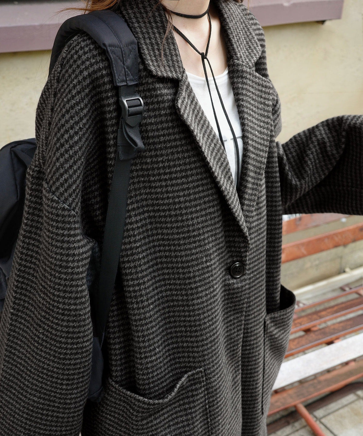 《marina×クラシカルエルフコラボ》羽織るだけで、いつものコーデが見違える。千鳥柄オーバーサイズロングコート ce1010643