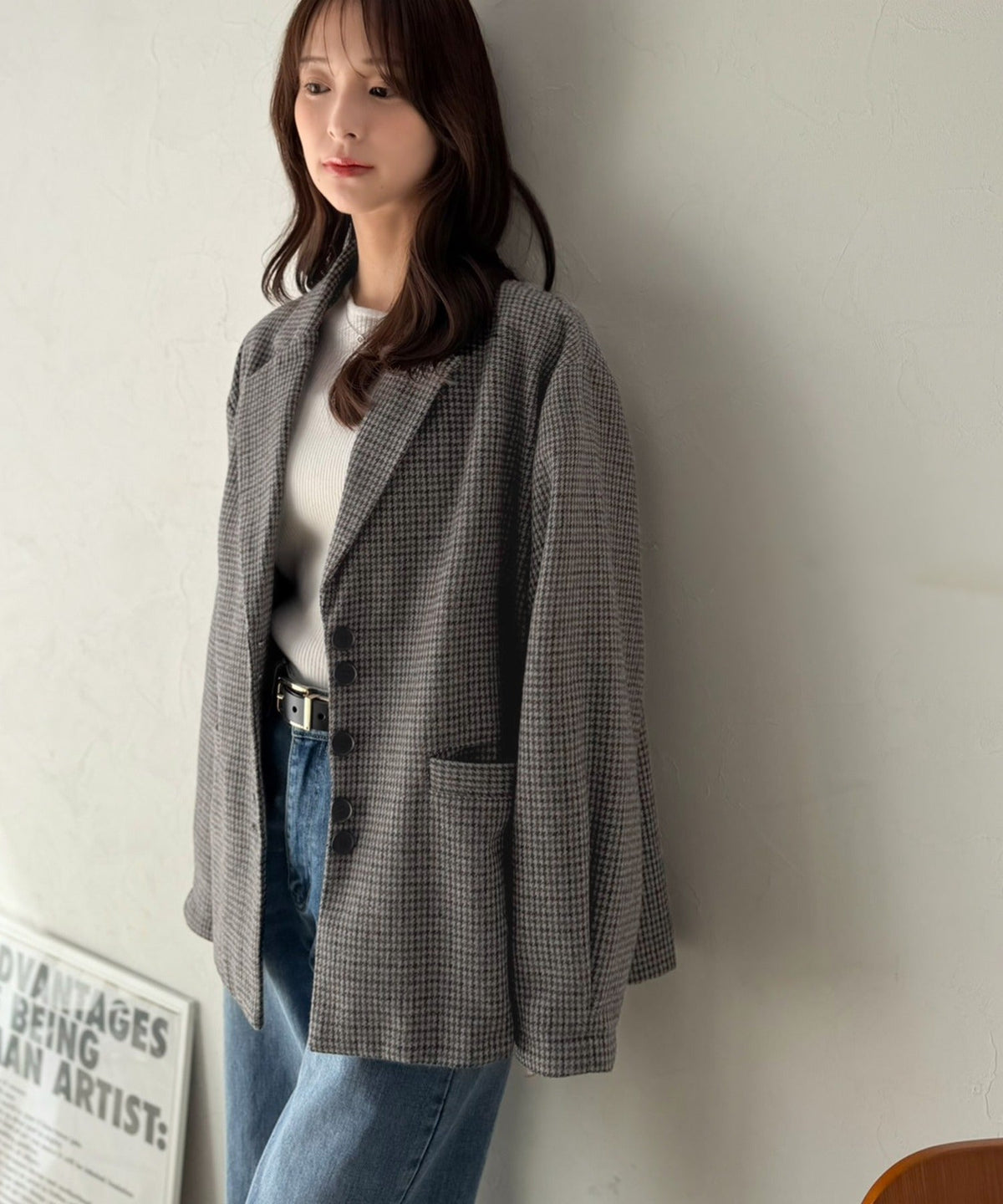 《daaco×クラシカルエルフコラボ》羽織るだけで、品よく見違える。多ボタン千鳥柄テーラードジャケット（ミドル丈） ce1010648