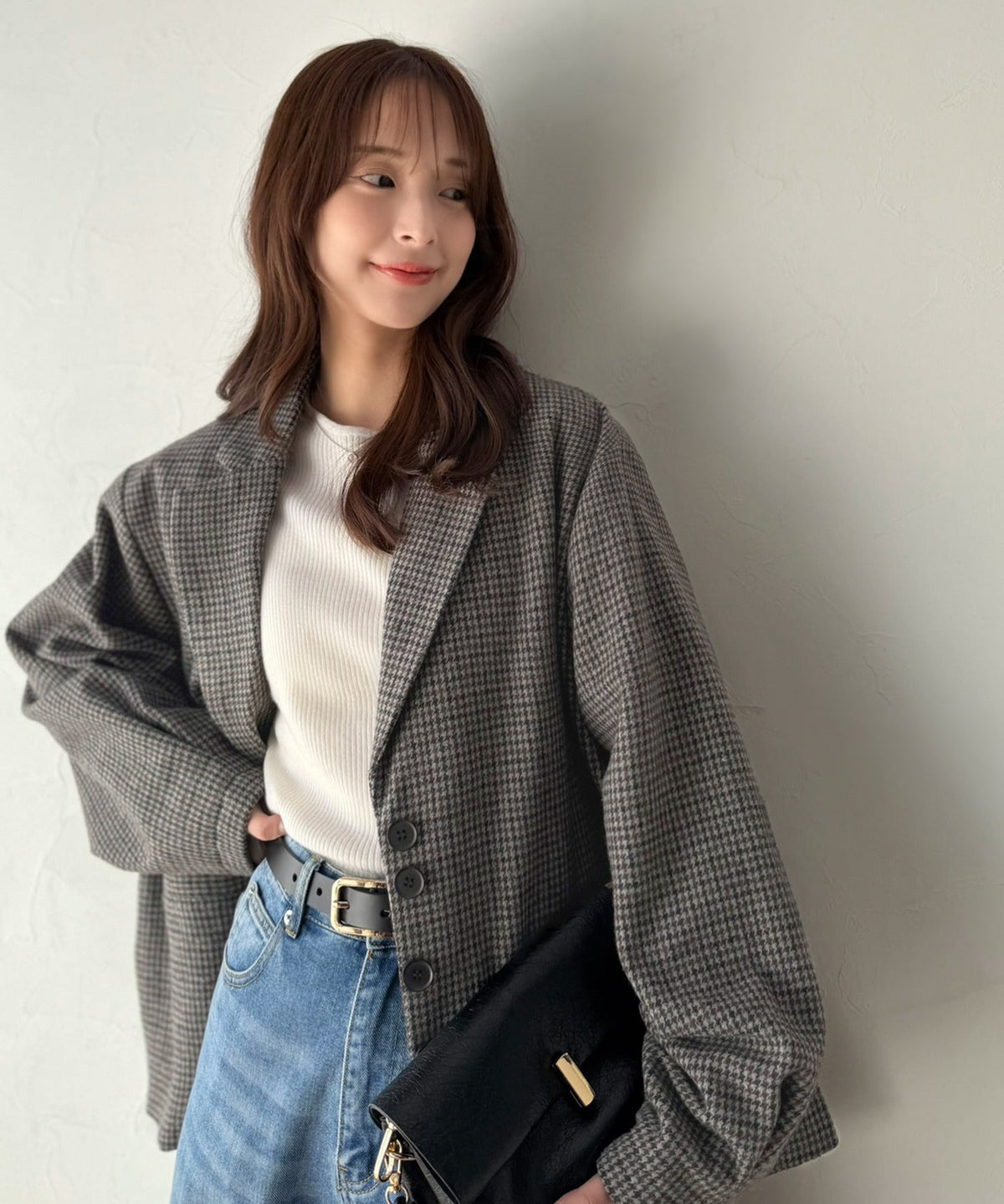 《daaco×クラシカルエルフコラボ》羽織るだけで、品よく見違える。多ボタン千鳥柄テーラードジャケット（ミドル丈） ce1010648