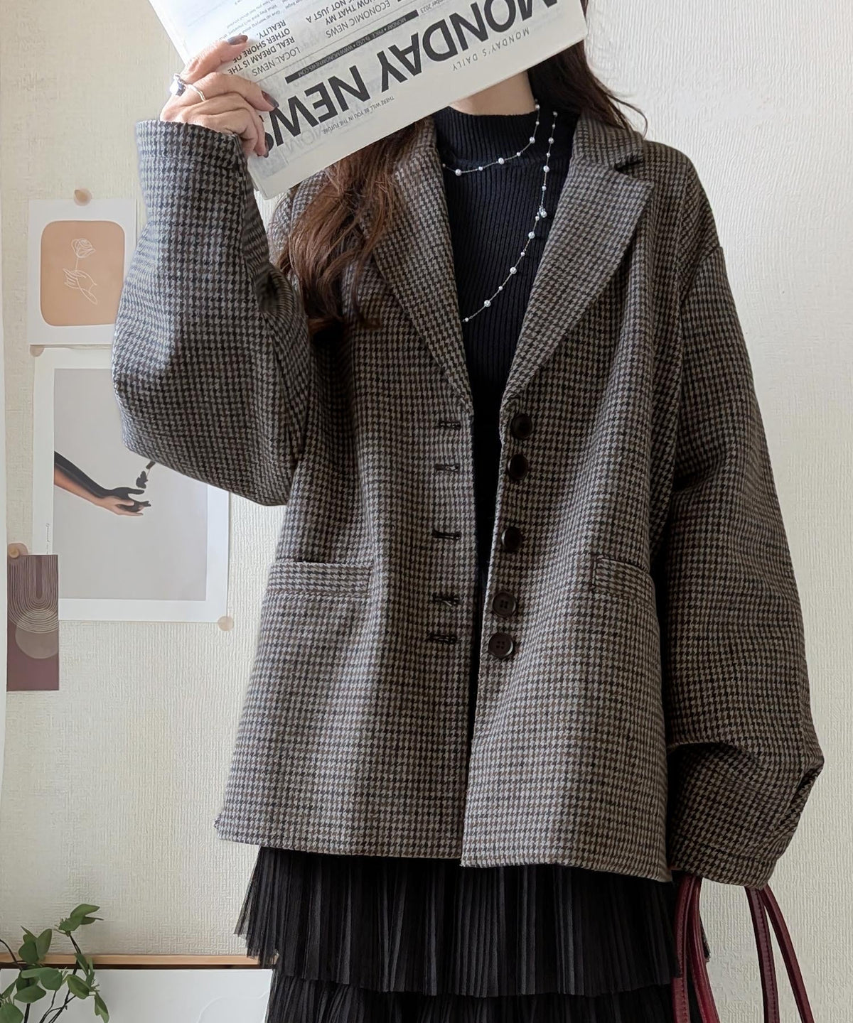 《daaco×クラシカルエルフコラボ》羽織るだけで、品よく見違える。多ボタン千鳥柄テーラードジャケット（ミドル丈） ce1010648