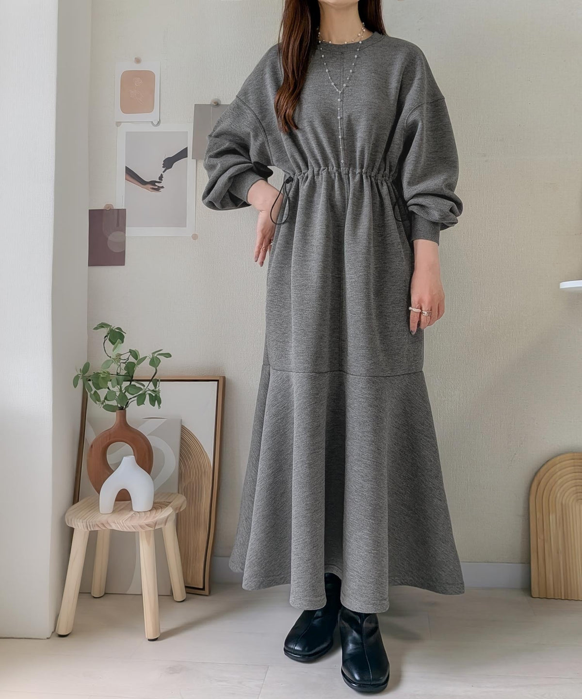 《daaco×クラシカルエルフコラボ》甘さもメリハリも、欲張りに♪ウエストドロストダンボールワンピース（ロング丈） ce1010649