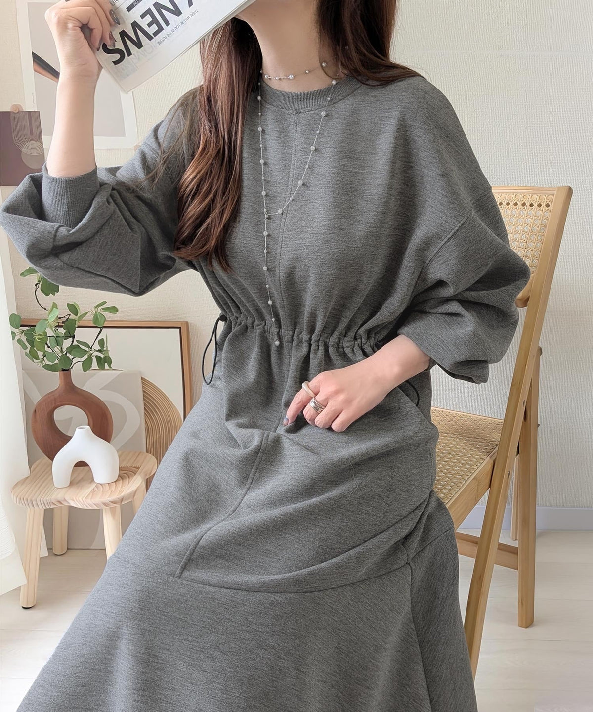 《daaco×クラシカルエルフコラボ》甘さもメリハリも、欲張りに♪ウエストドロストダンボールワンピース（ロング丈） ce1010649
