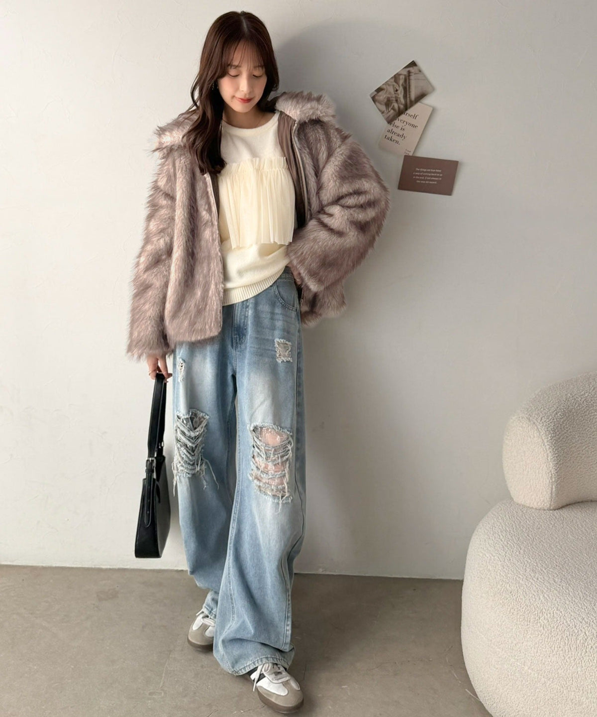《ERIKOさん×クラシカルエルフコラボ》襟元のアレンジで印象チェンジ♪2WAYカラー襟付きミックスシャギーファーブルゾン（ミドル丈） ce1010653