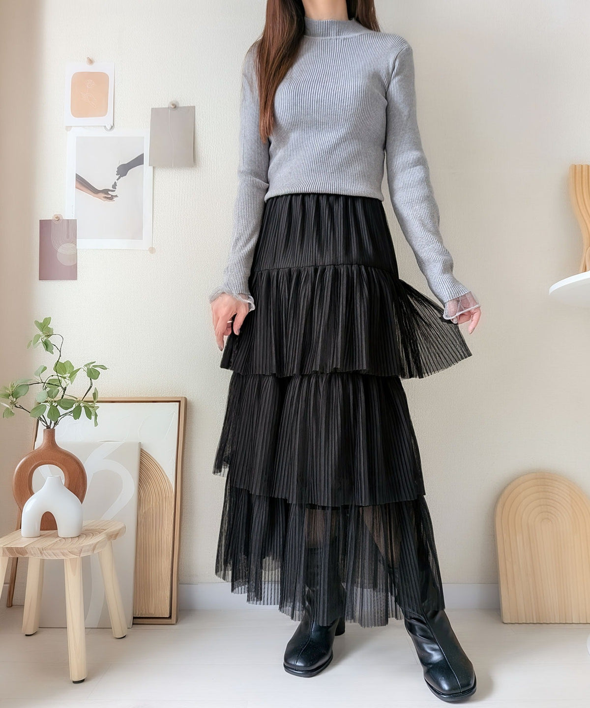 《daacoさん×クラシカルエルフコラボ》揺れるたび、視線を惹きつける。大人可愛いチュールティアードスカート ce1015119