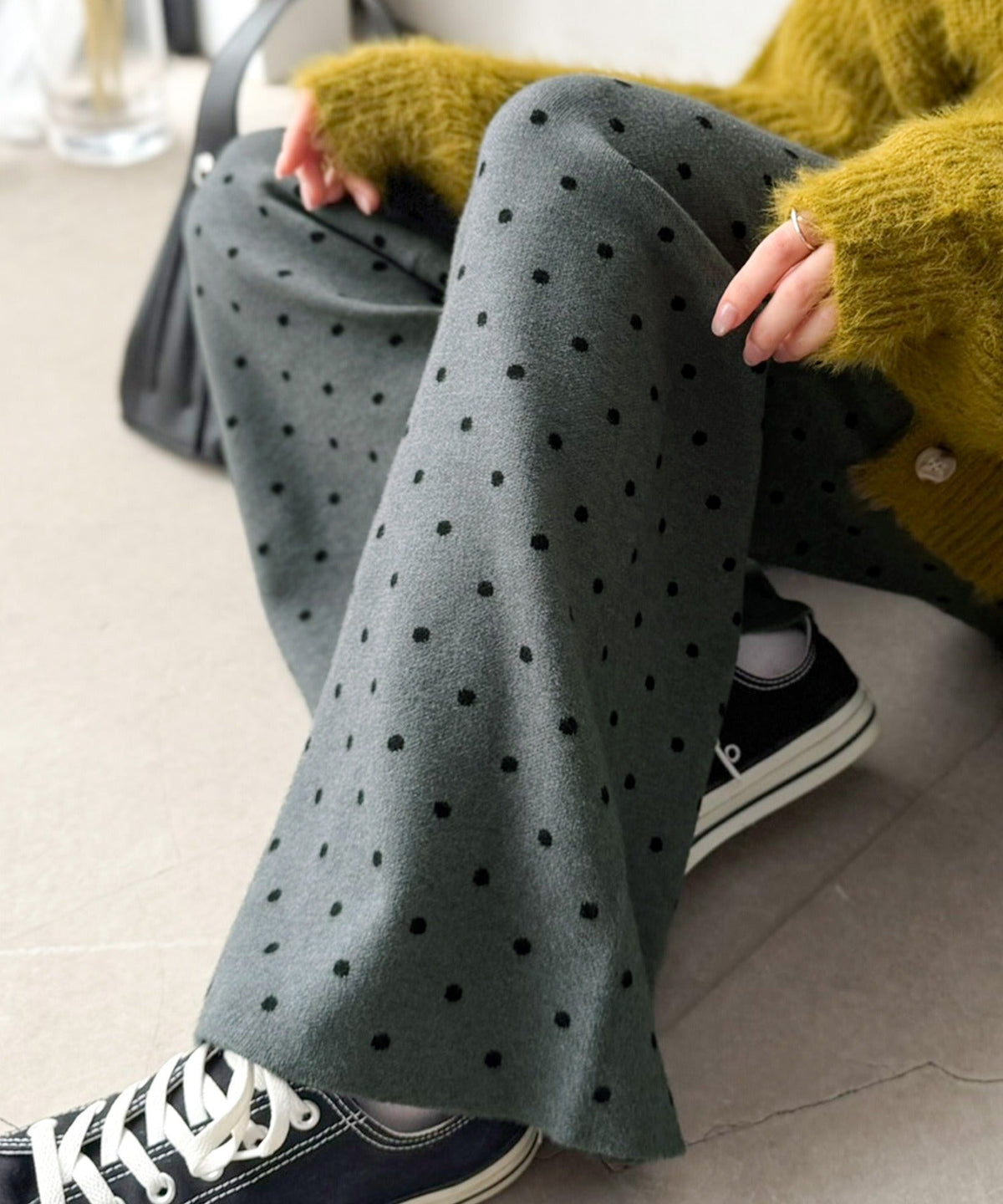 暖かく、お洒落も楽しみたい1本◎ダブルジャガードニットパンツ（ドット柄&無地） ce1020384