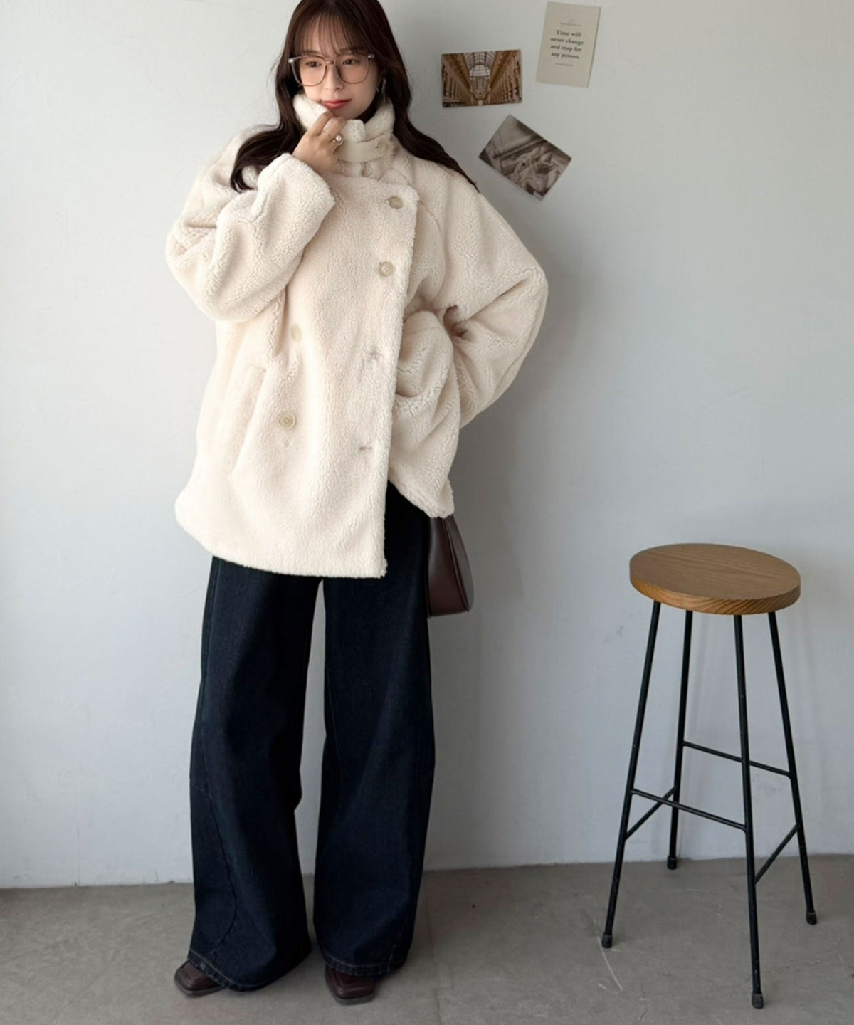 《ERIKOさん×クラシカルエルフコラボ》ふわっと包まれて、首元まで暖かく♪スタンドカラーファーコート（ミドル丈） ce1010650