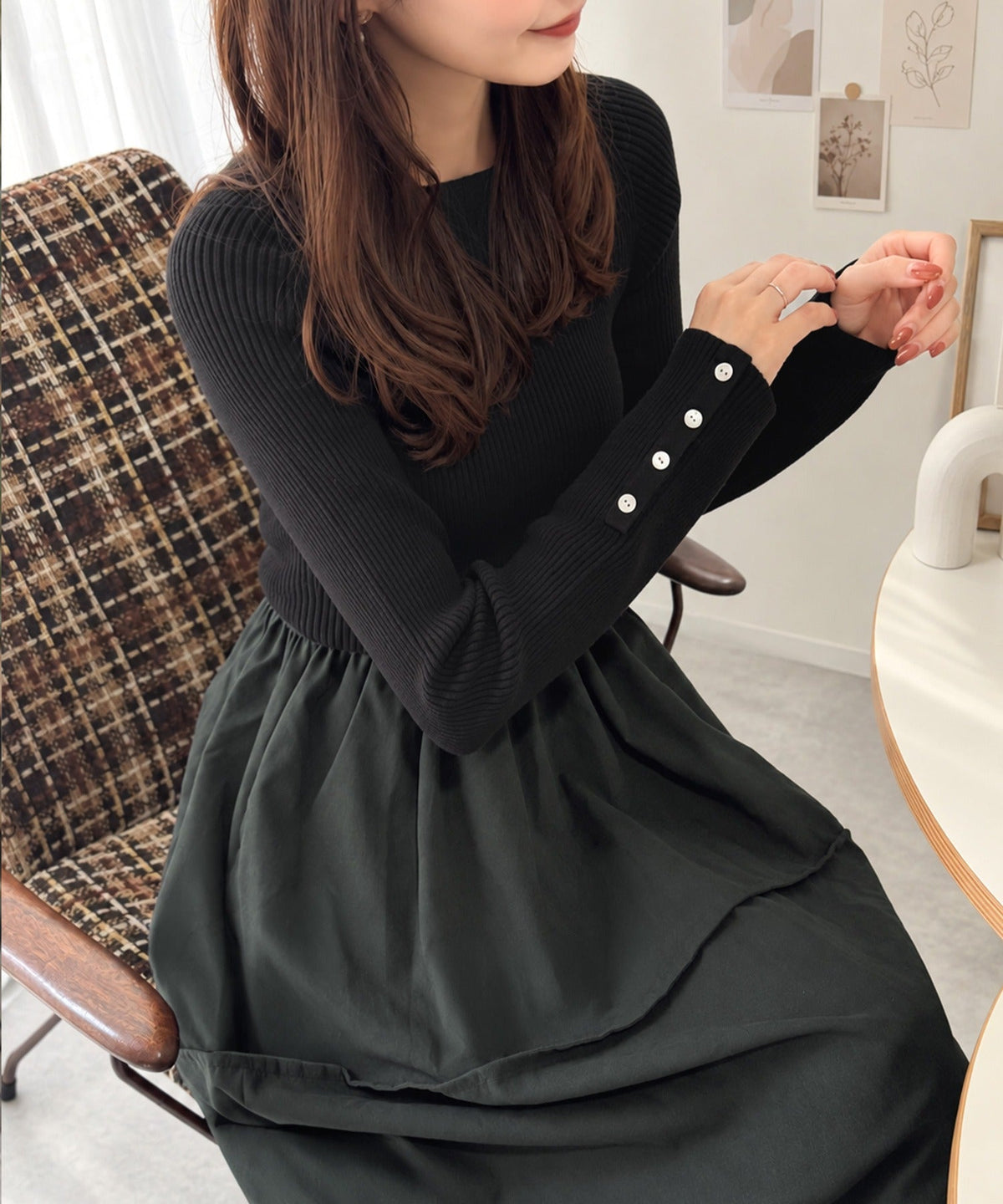 《ERIKOさん×クラシカルエルフコラボ》異素材ミックスで一枚でサマになる♪リブニット×ピーチ異素材ドッキングワンピース（ロング丈） ce1015115