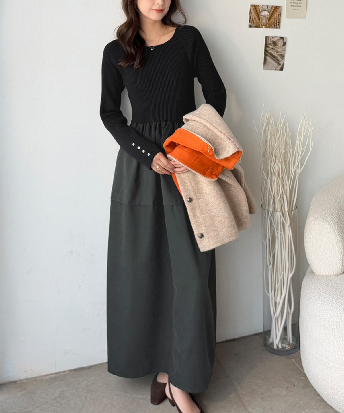《ERIKOさん×クラシカルエルフコラボ》異素材ミックスで一枚でサマになる♪リブニット×ピーチ異素材ドッキングワンピース（ロング丈） ce1015115