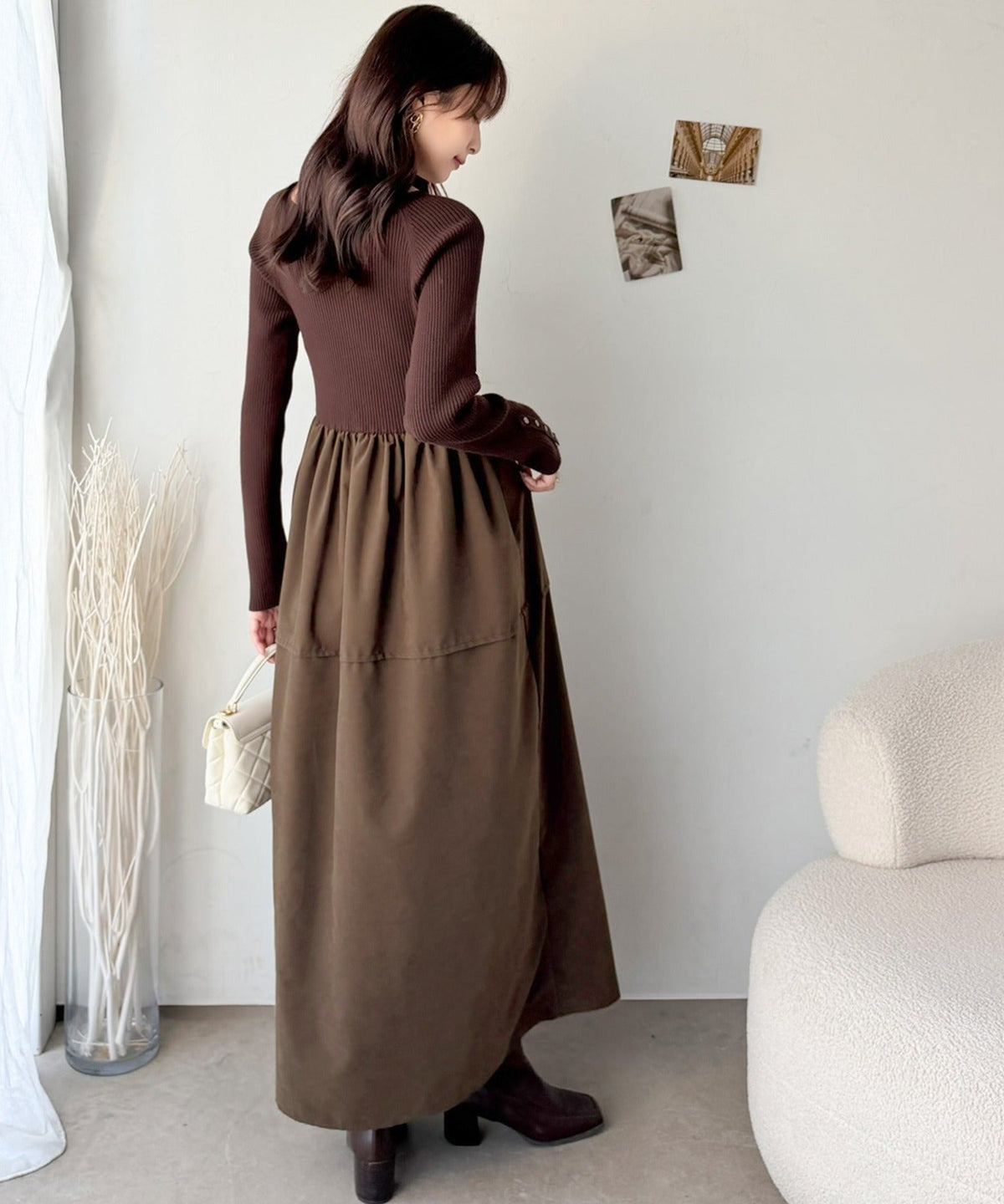 《ERIKOさん×クラシカルエルフコラボ》異素材ミックスで一枚でサマになる♪リブニット×ピーチ異素材ドッキングワンピース（ロング丈） ce1015115