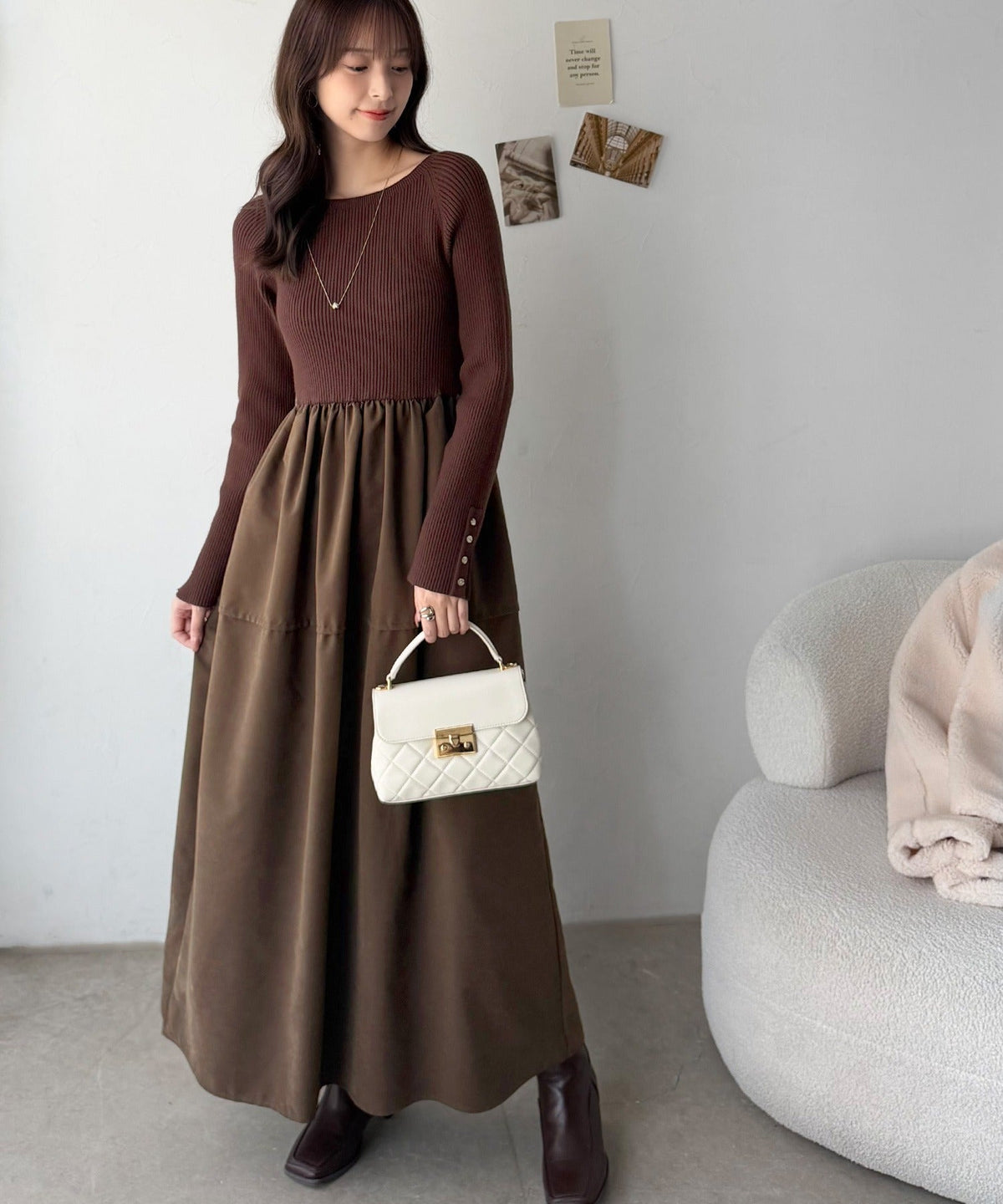 《ERIKOさん×クラシカルエルフコラボ》異素材ミックスで一枚でサマになる♪リブニット×ピーチ異素材ドッキングワンピース（ロング丈） ce1015115