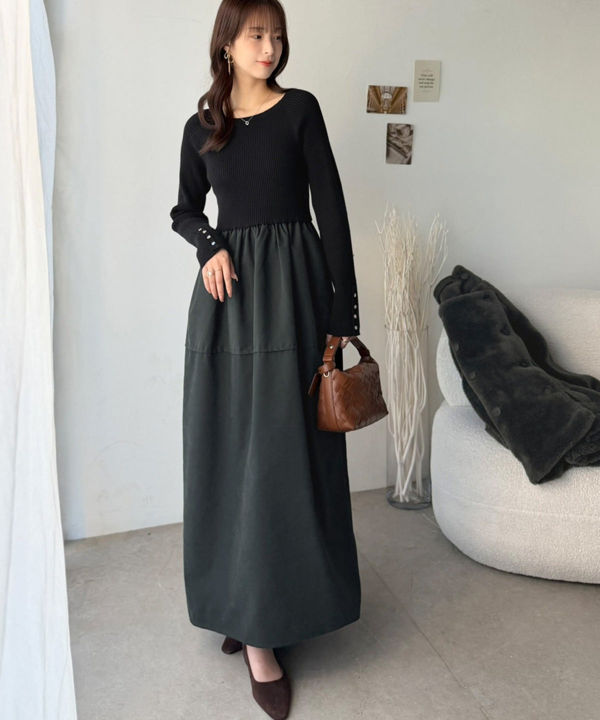 《ERIKOさん×クラシカルエルフコラボ》異素材ミックスで一枚でサマになる♪リブニット×ピーチ異素材ドッキングワンピース（ロング丈） ce1015115