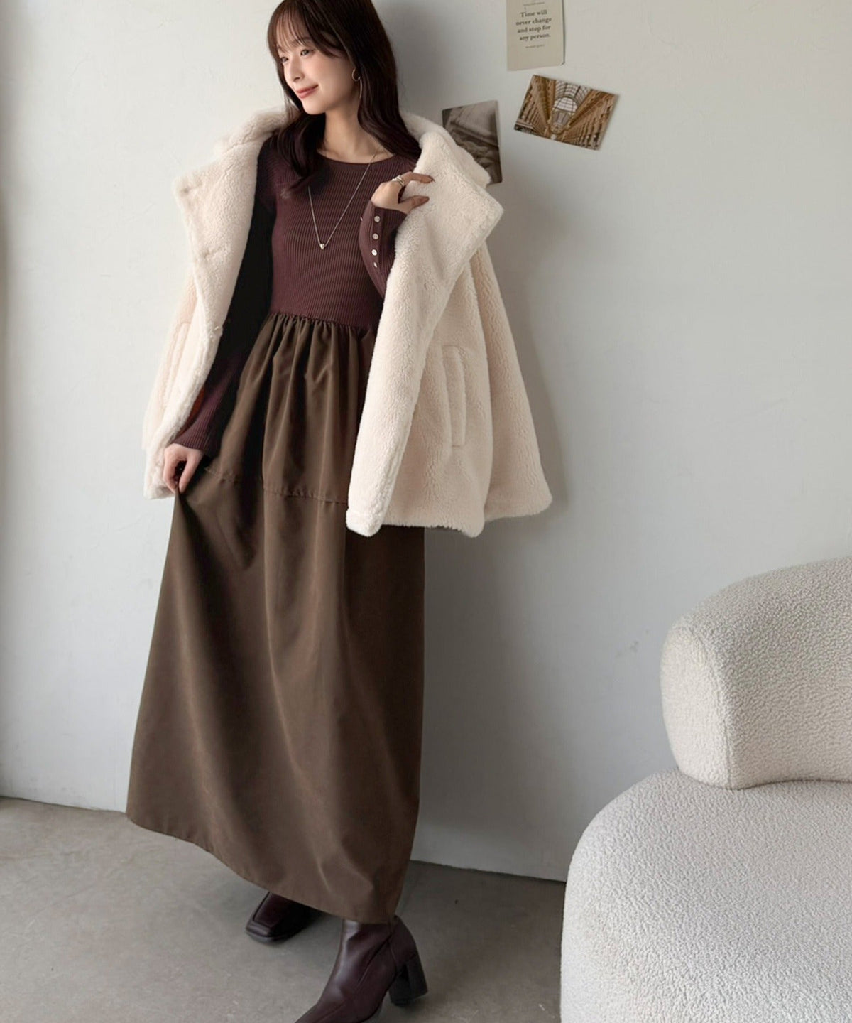 《ERIKOさん×クラシカルエルフコラボ》異素材ミックスで一枚でサマになる♪リブニット×ピーチ異素材ドッキングワンピース（ロング丈） ce1015115