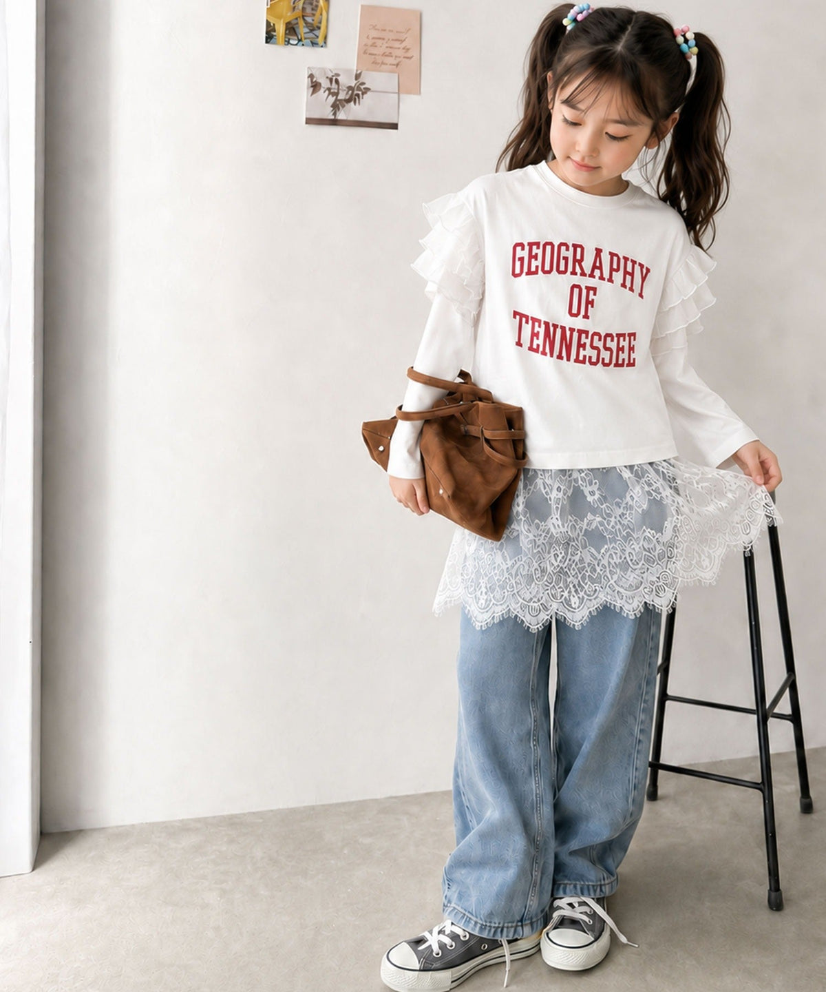 【キッズ】親子お揃いOK♪さらっと今っぽくなる 裾レースドッキングTシャツ(長袖) ck1020364