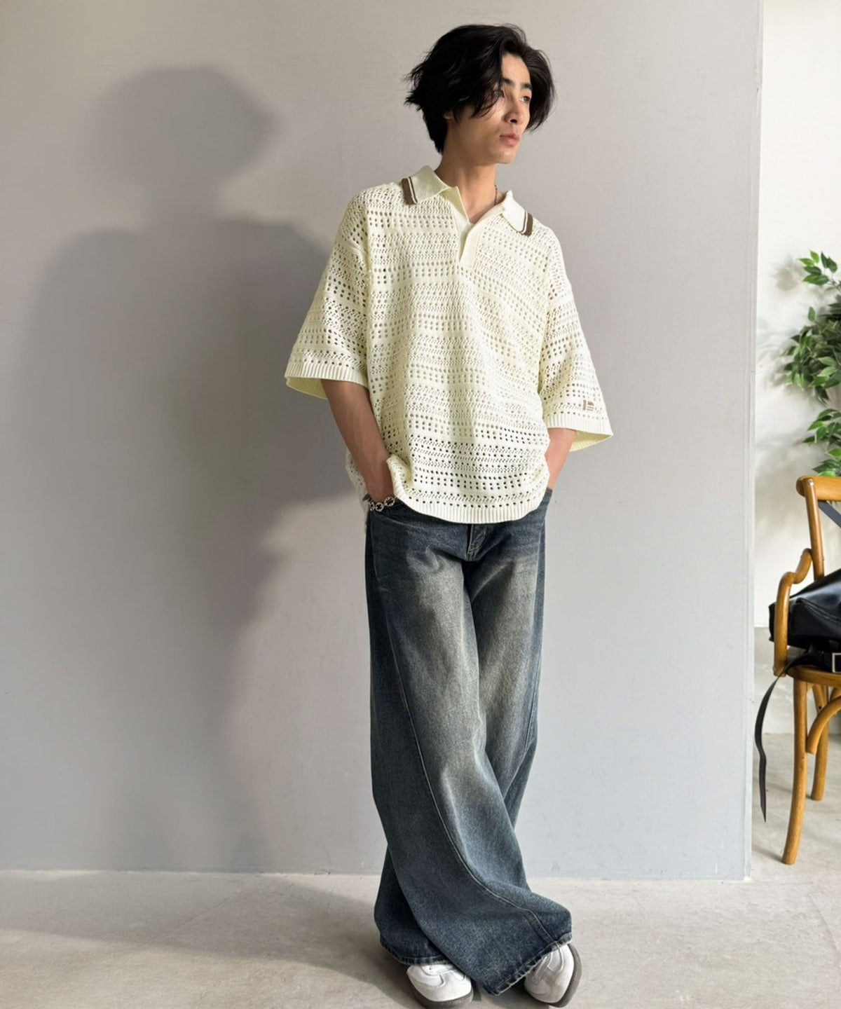 《JaVaジャバコラボ》レトロ〝っぽい〟がちょうどいい。メッシュ編地柄 スキッパー襟 ニットポロシャツ（半袖） jo1250002
