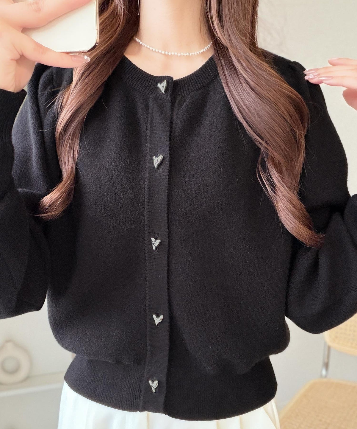 【mily bilet】きらめくハートで甘さをひとさじ。ハート釦ギャザースリーブもちもちカーディガン(ドット/無地) mi1329127