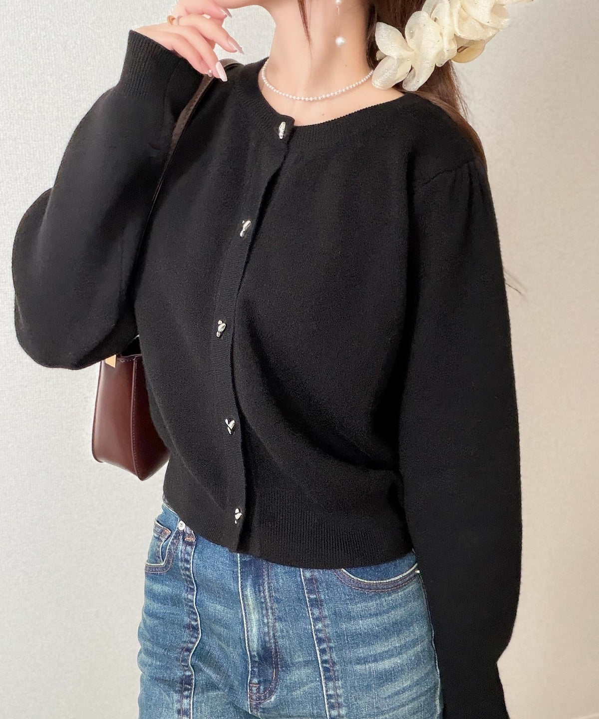 【mily bilet】きらめくハートで甘さをひとさじ。ハート釦ギャザースリーブもちもちカーディガン(ドット/無地) mi1329127