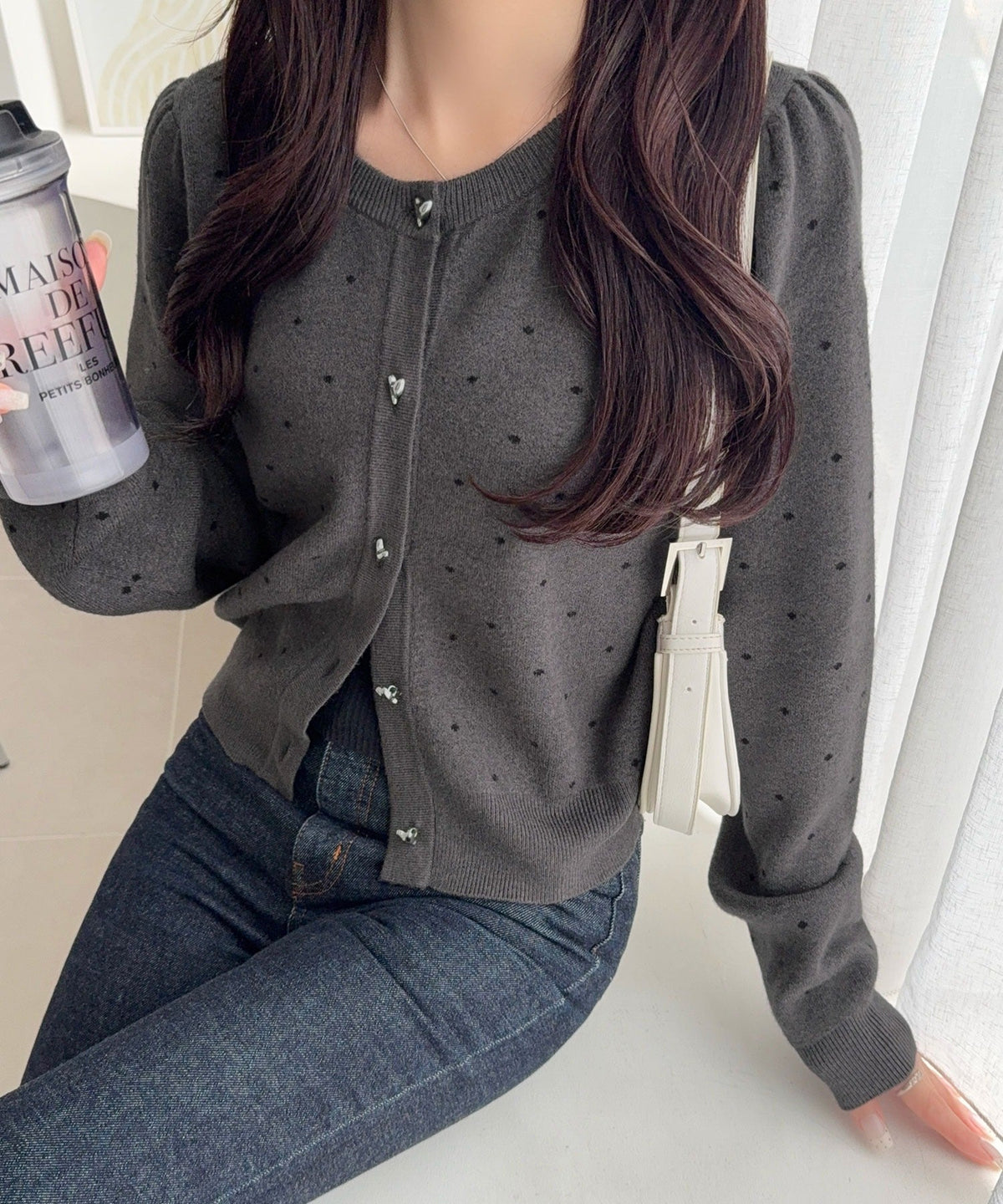 【mily bilet】きらめくハートで甘さをひとさじ。ハート釦ギャザースリーブもちもちカーディガン(ドット/無地) mi1329127