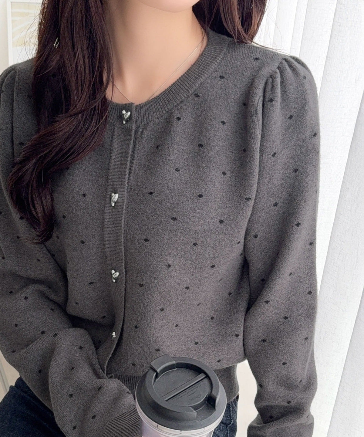 【mily bilet】きらめくハートで甘さをひとさじ。ハート釦ギャザースリーブもちもちカーディガン(ドット/無地) mi1329127