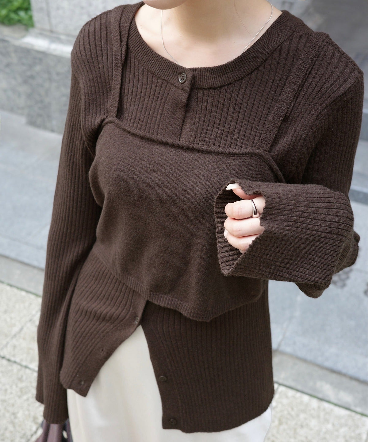 《marina×クラシカルエルフコラボ》2点セット♪重ねても、別々でも着映える。前後2Wayニットカーディガン×ビスチェアンサンブル ce1015117