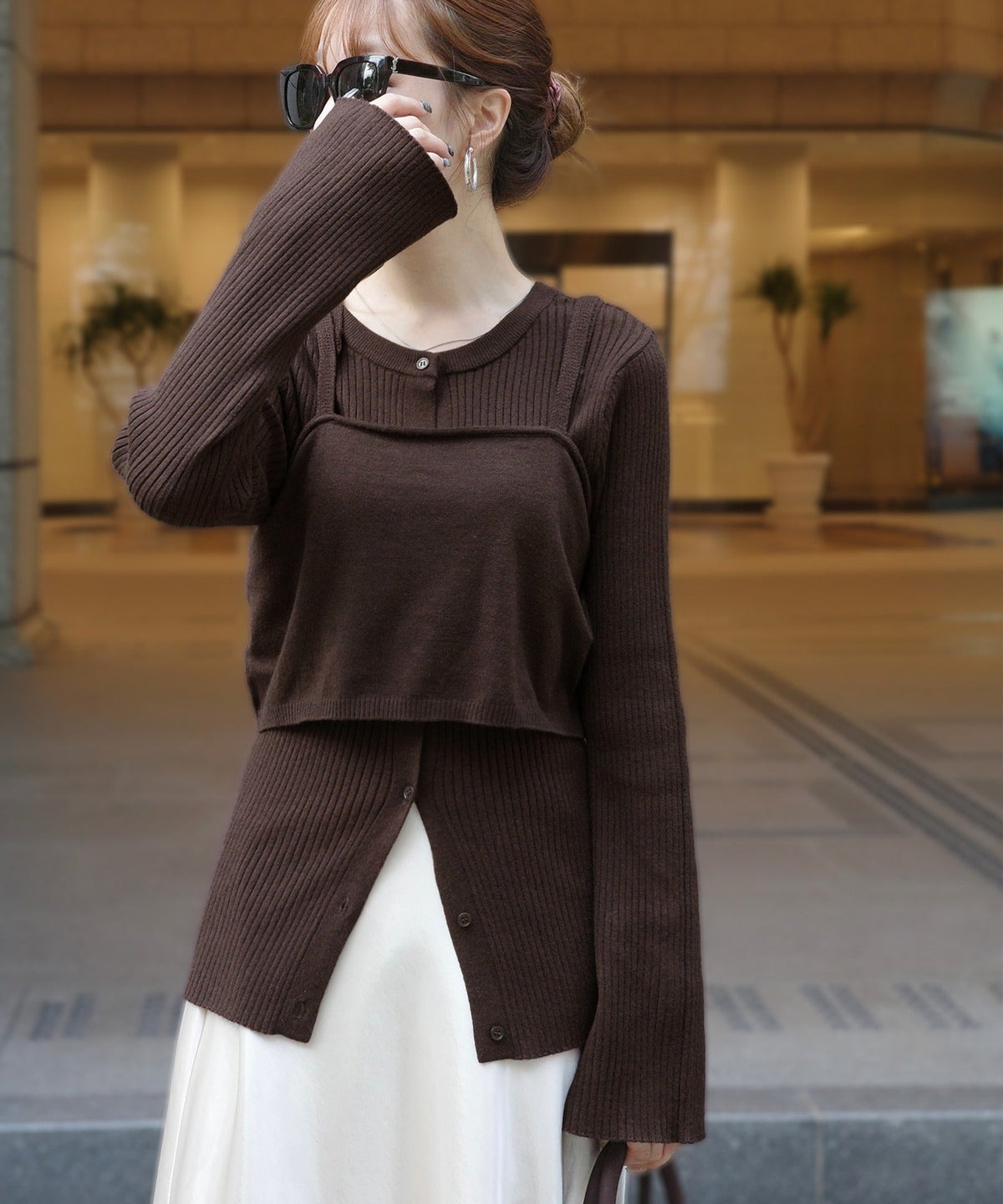 《marina×クラシカルエルフコラボ》2点セット♪重ねても、別々でも着映える。前後2Wayニットカーディガン×ビスチェアンサンブル ce1015117