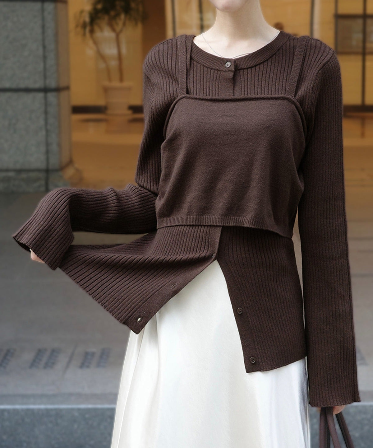《marina×クラシカルエルフコラボ》2点セット♪重ねても、別々でも着映える。前後2Wayニットカーディガン×ビスチェアンサンブル ce1015117