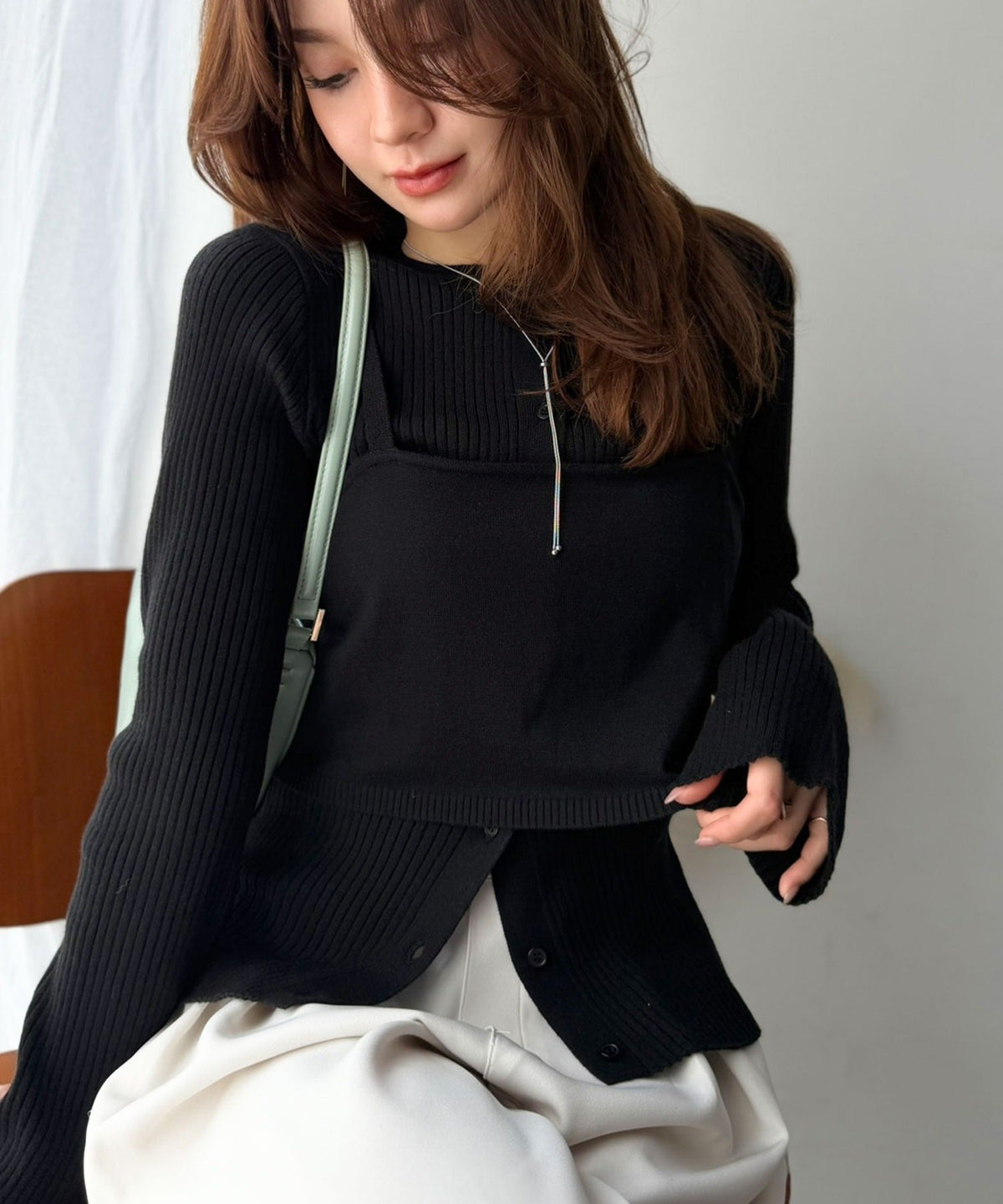 《marina×クラシカルエルフコラボ》2点セット♪重ねても、別々でも着映える。前後2Wayニットカーディガン×ビスチェアンサンブル ce1015117