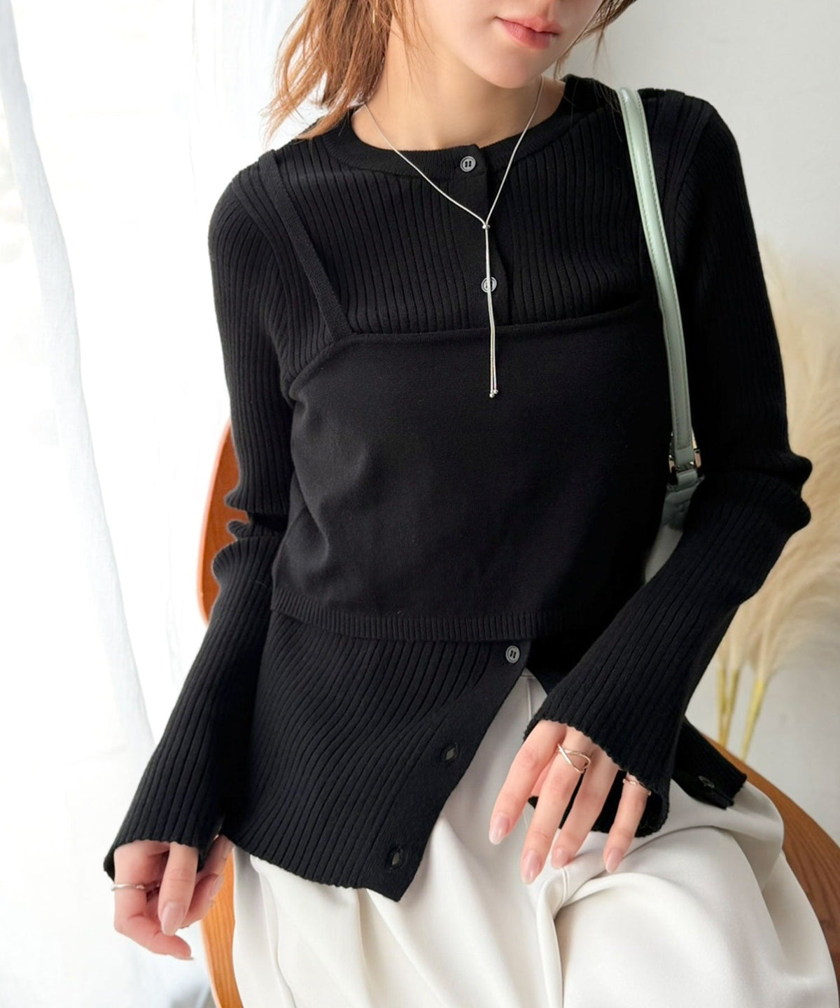 《marina×クラシカルエルフコラボ》2点セット♪重ねても、別々でも着映える。前後2Wayニットカーディガン×ビスチェアンサンブル ce1015117