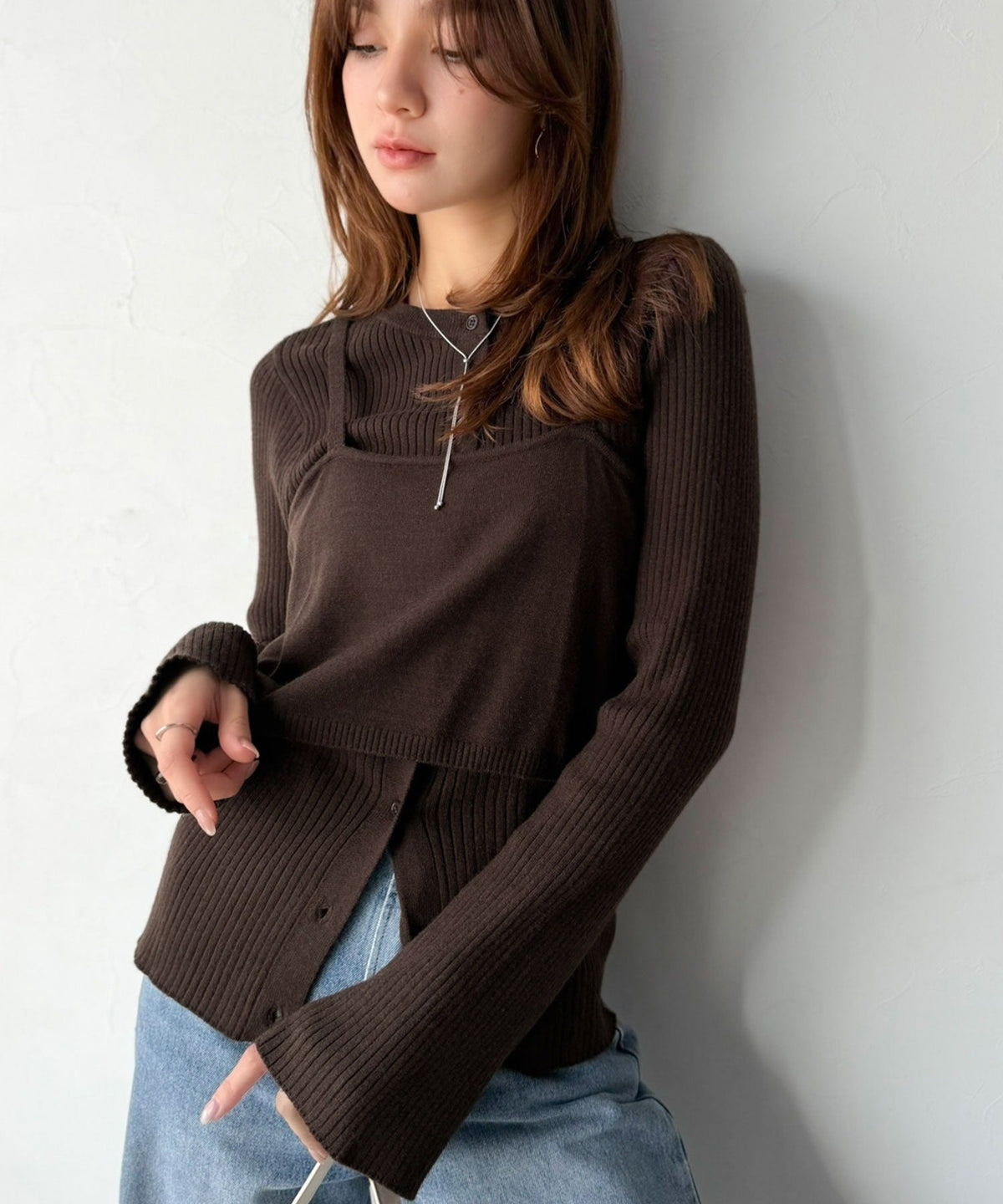 《marina×クラシカルエルフコラボ》2点セット♪重ねても、別々でも着映える。前後2Wayニットカーディガン×ビスチェアンサンブル ce1015117
