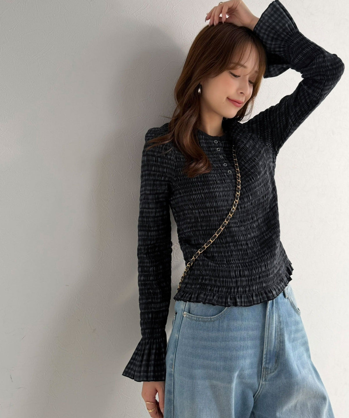 【Classical Evon】甘さひとさじ。表情で魅せる大人チェック。キャンディスリーブシャーリングヘンリートップス ev1010671