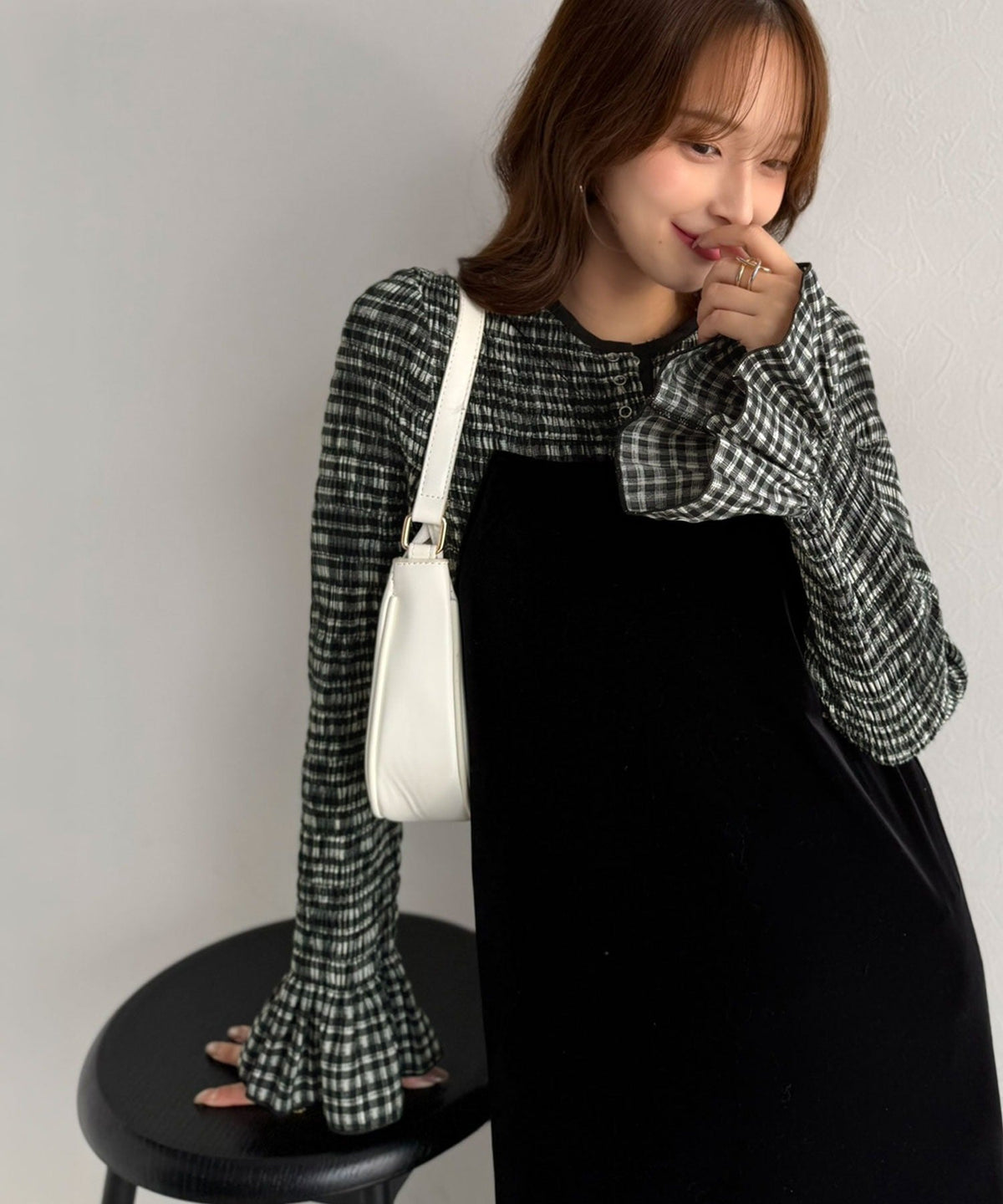【Classical Evon】甘さひとさじ。表情で魅せる大人チェック。キャンディスリーブシャーリングヘンリートップス ev1010671